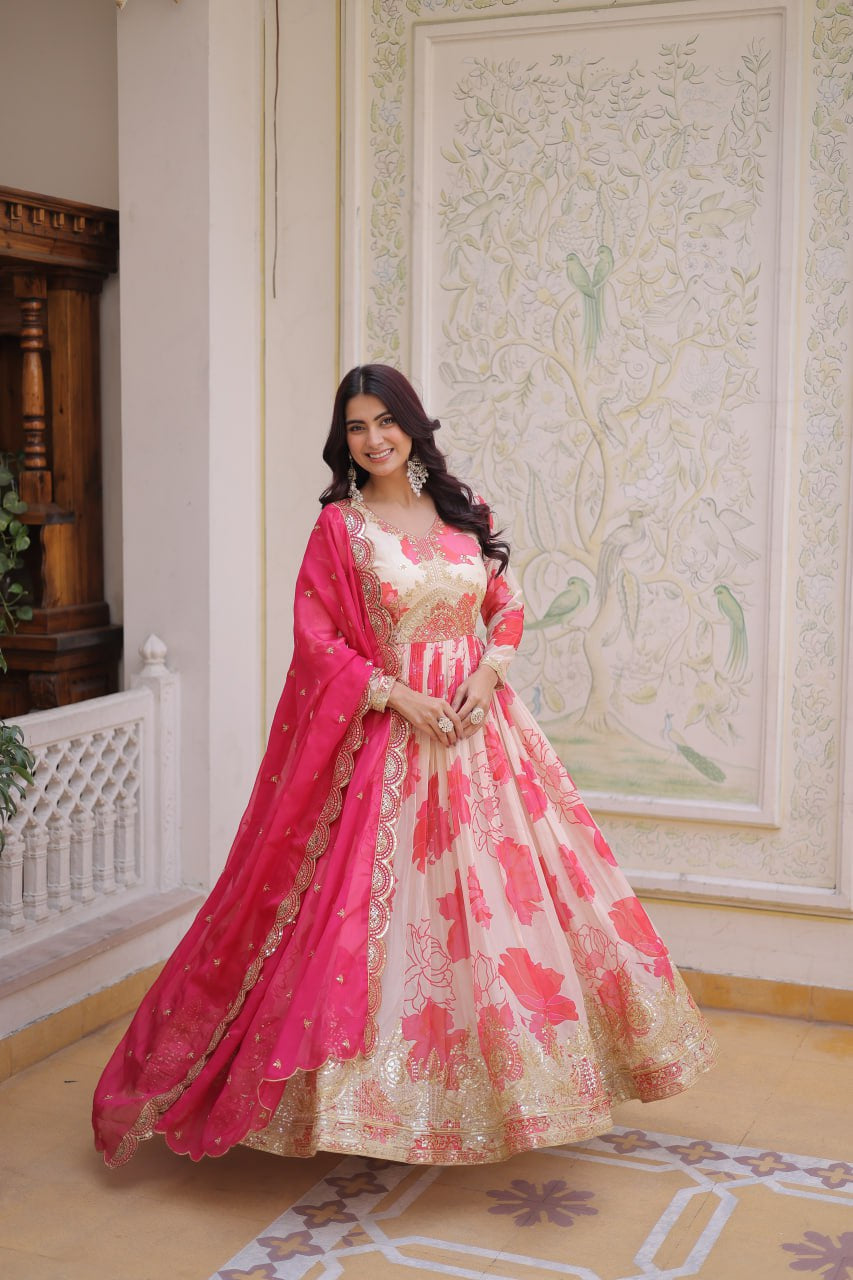 Womenline Pink Floral Anarkali Gown with Embroidered Dupatta