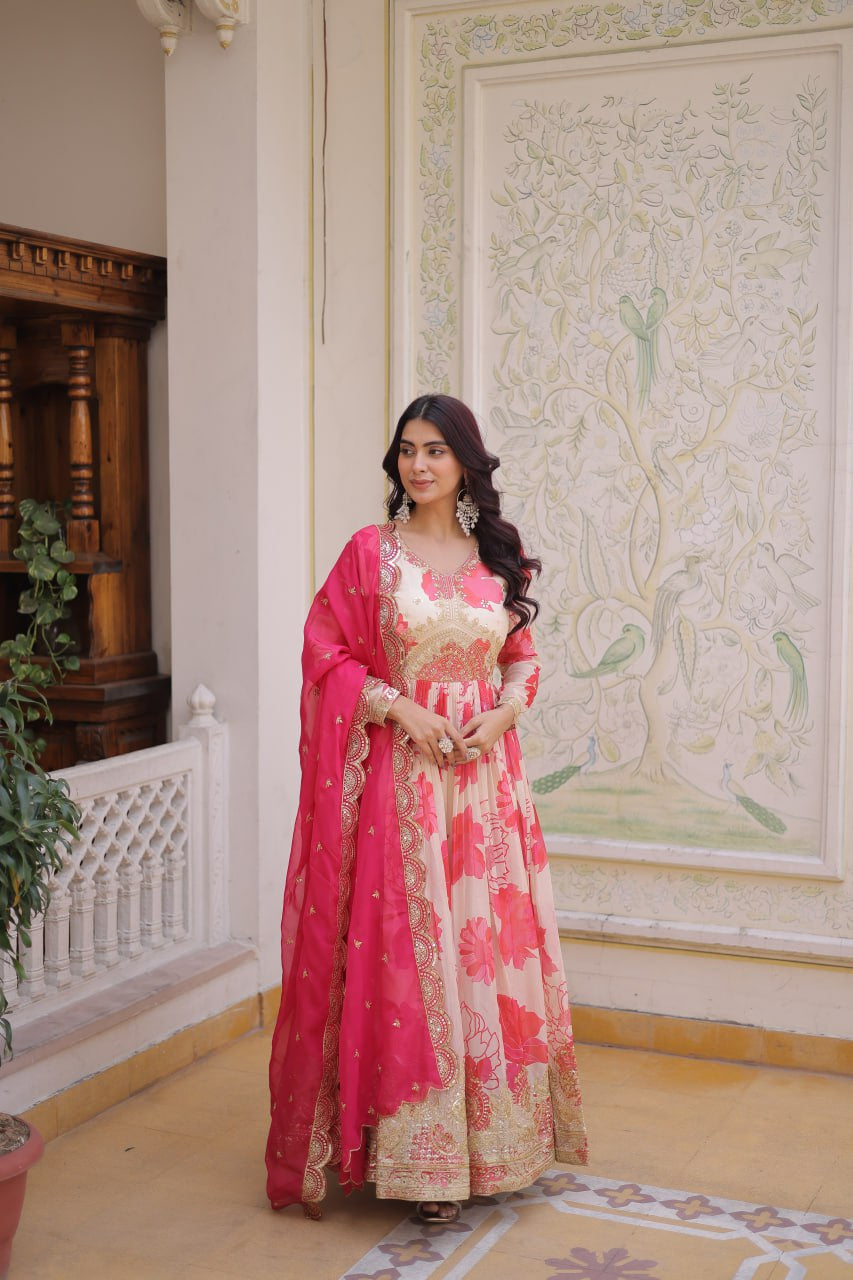Womenline Pink Floral Anarkali Gown with Embroidered Dupatta