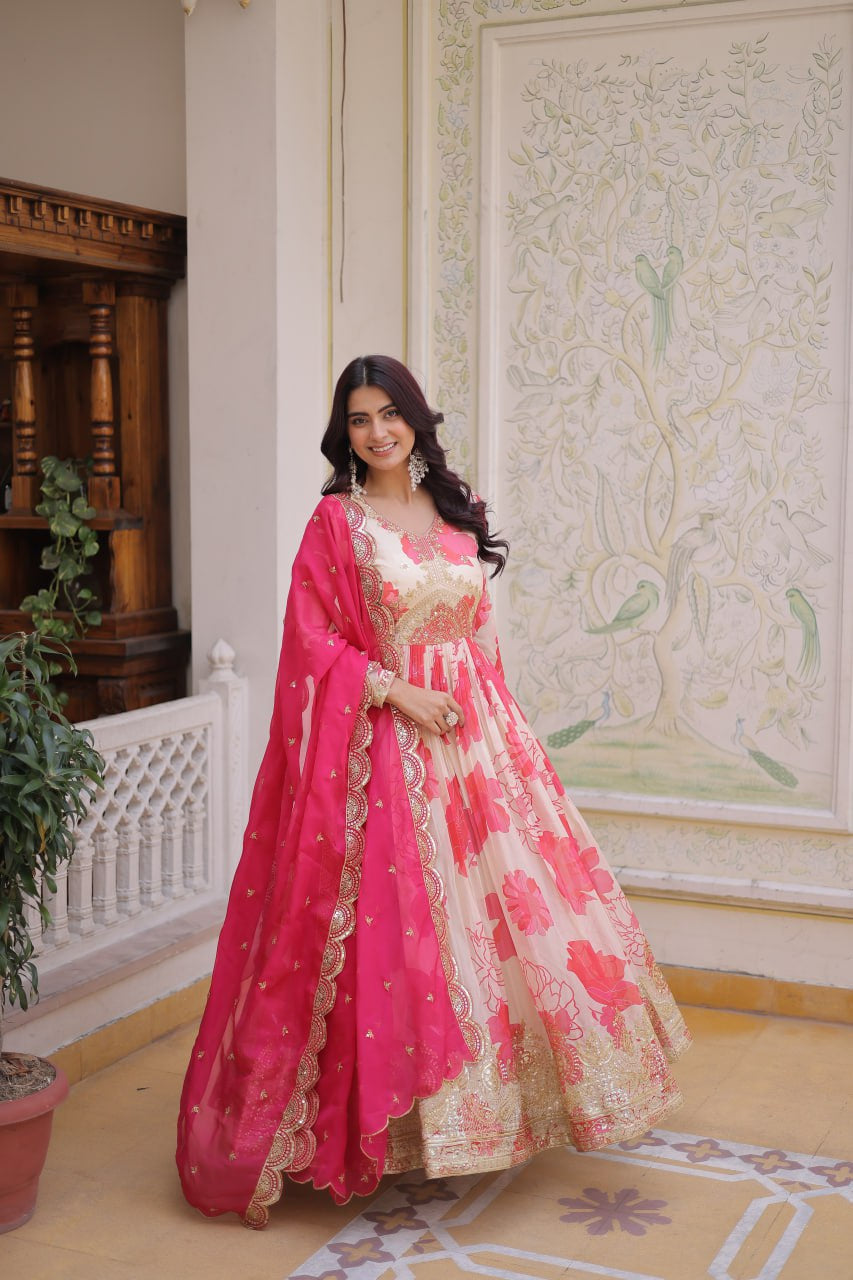 Womenline Pink Floral Anarkali Gown with Embroidered Dupatta