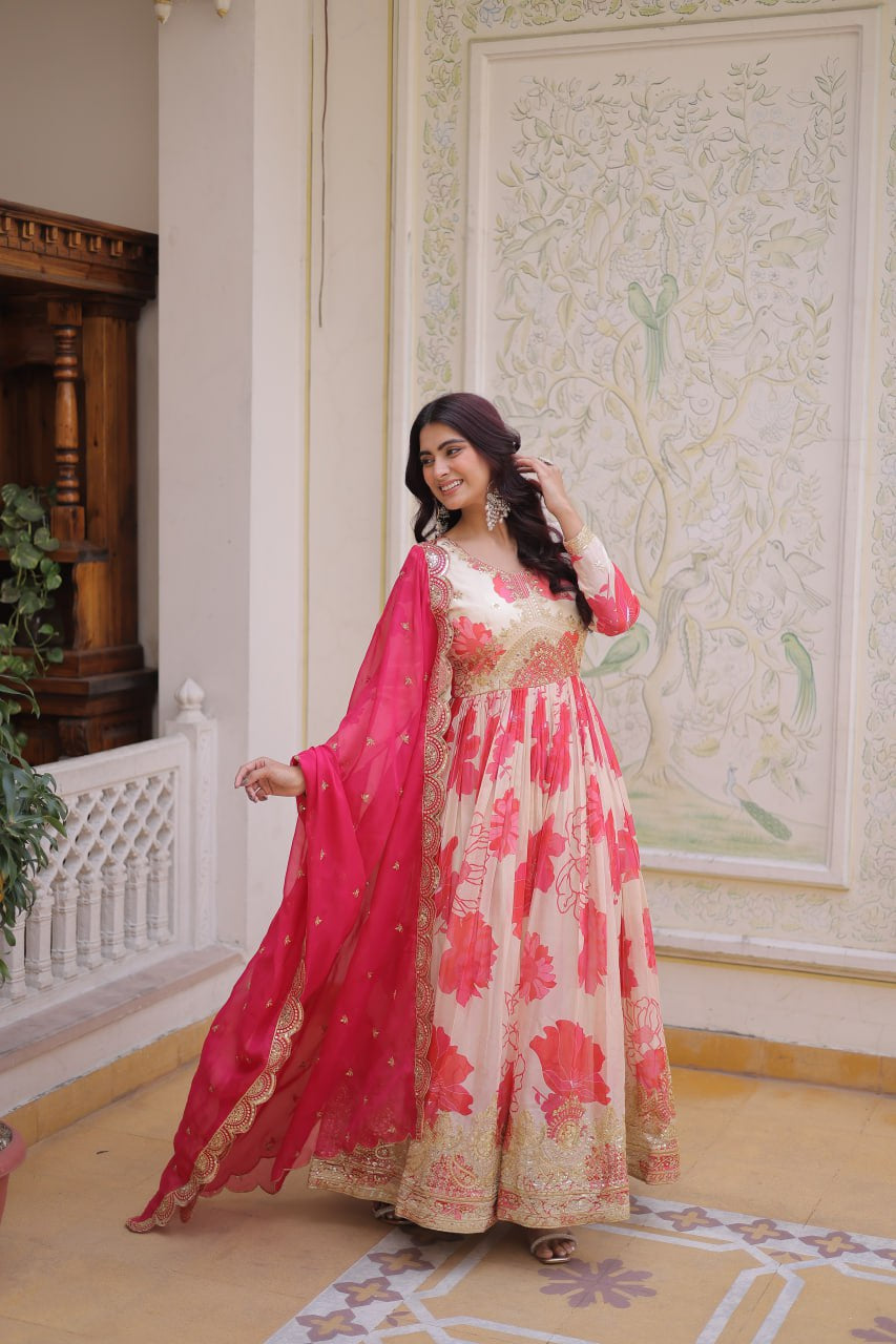 Womenline Pink Floral Anarkali Gown with Embroidered Dupatta