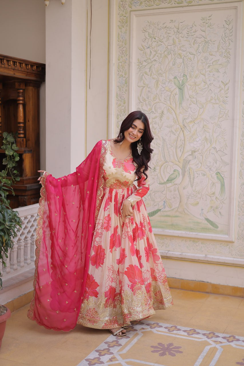 Womenline Pink Floral Anarkali Gown with Embroidered Dupatta