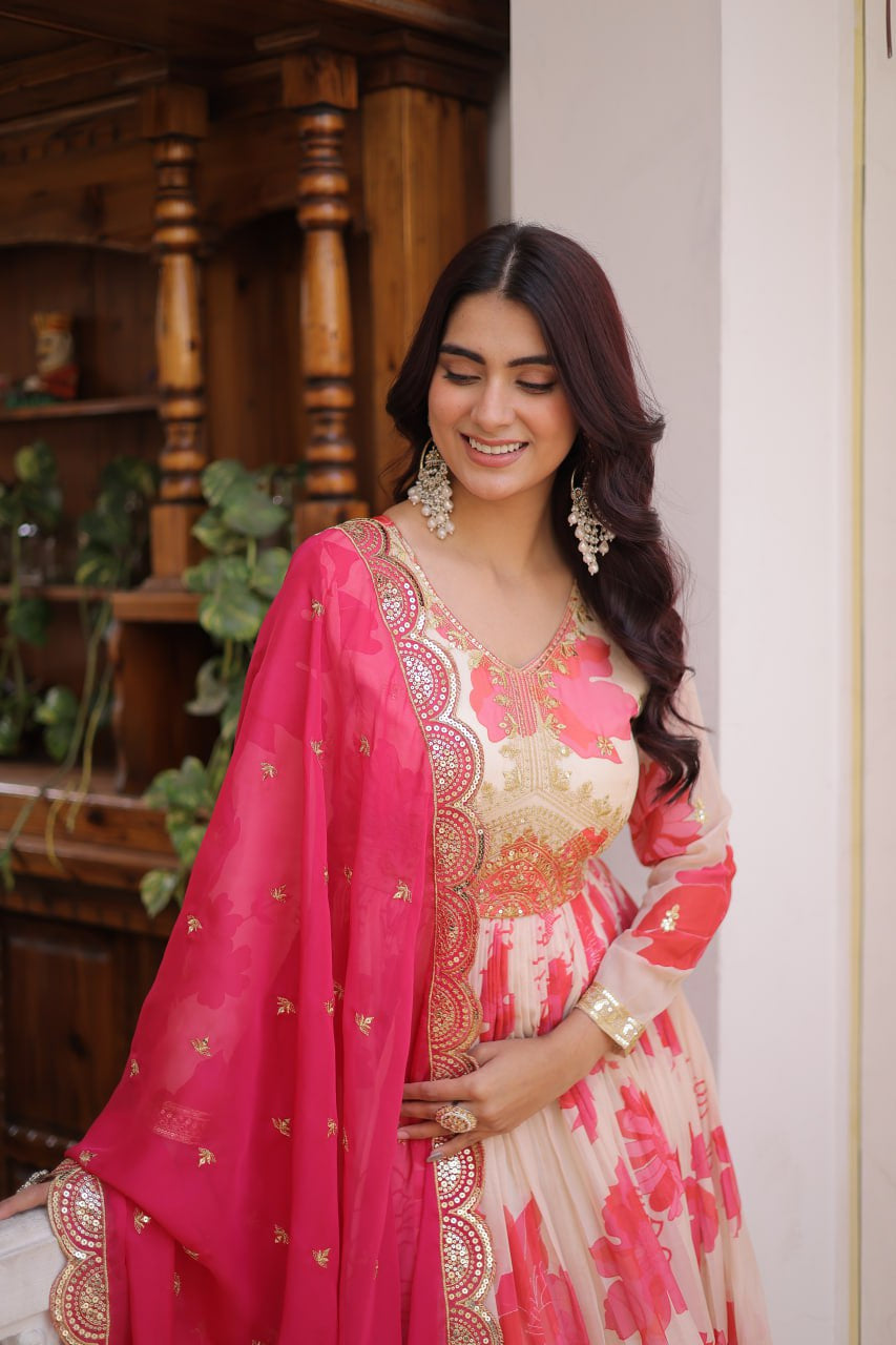 Womenline Pink Floral Anarkali Gown with Embroidered Dupatta