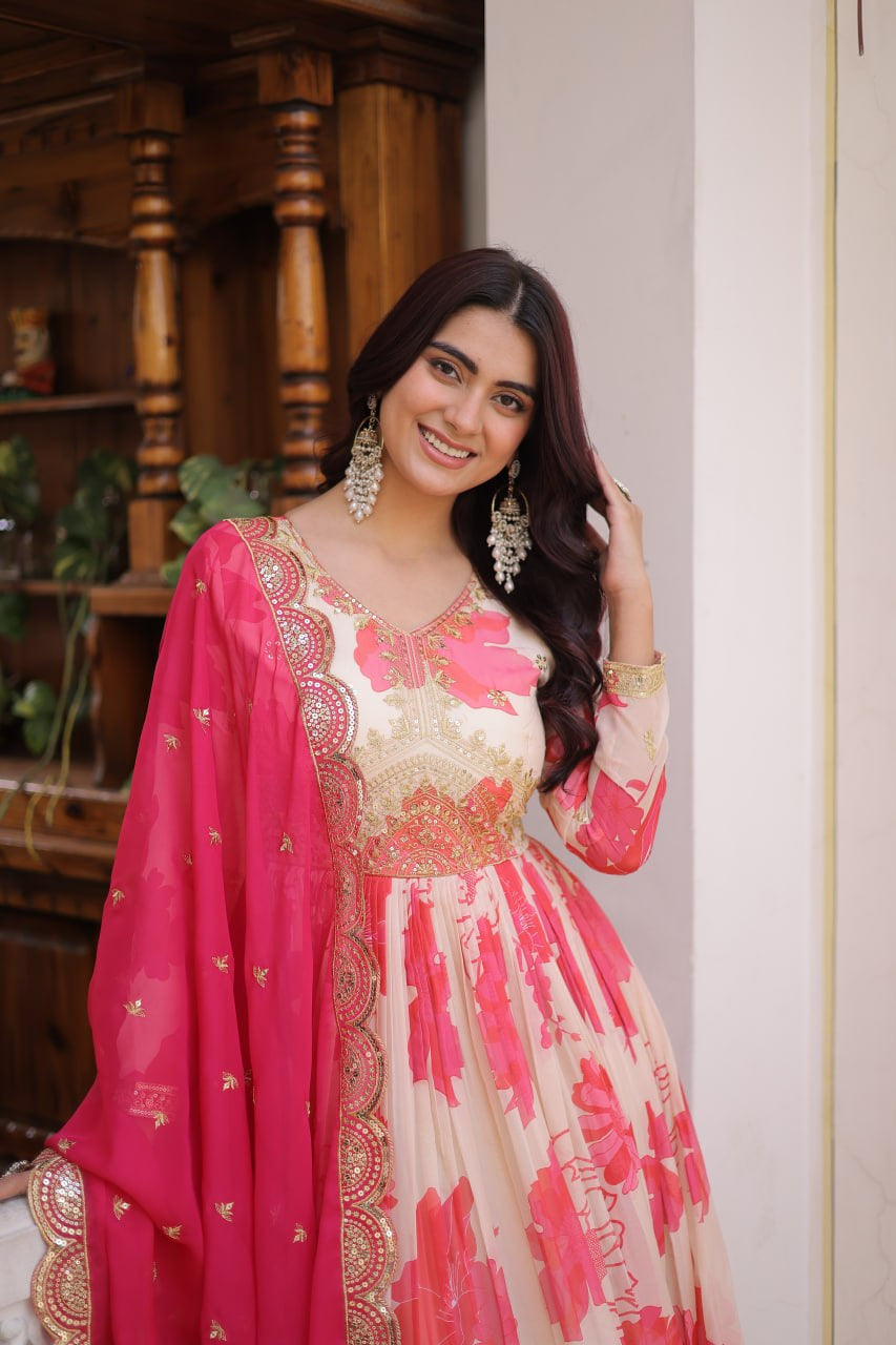 Womenline Pink Floral Anarkali Gown with Embroidered Dupatta