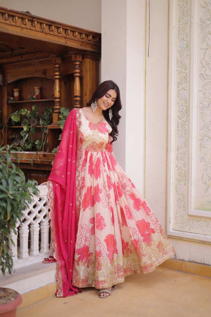 Womenline Pink Floral Anarkali Gown with Embroidered Dupatta