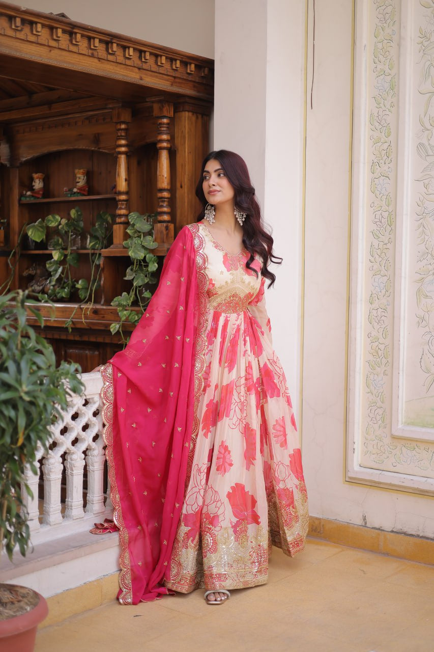 Womenline Pink Floral Anarkali Gown with Embroidered Dupatta