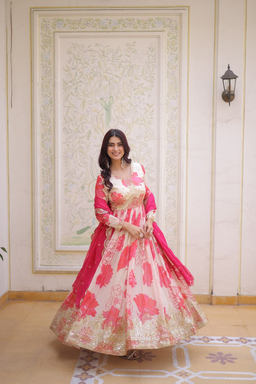 Womenline Pink Floral Anarkali Gown with Embroidered Dupatta