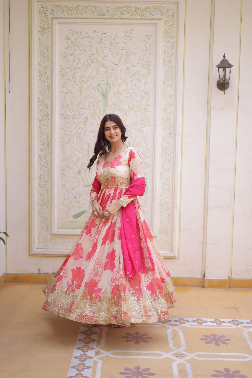 Womenline Pink Floral Anarkali Gown with Embroidered Dupatta