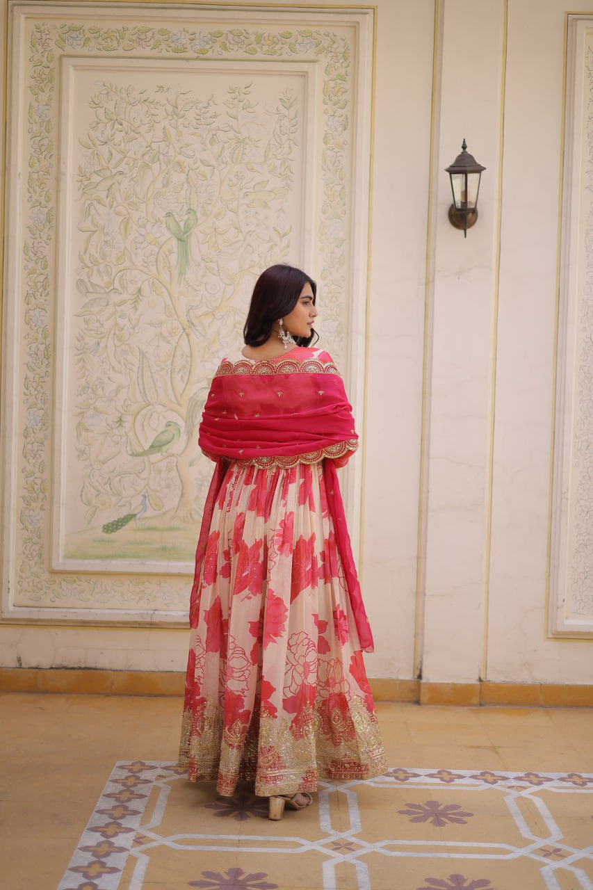 Womenline Pink Floral Anarkali Gown with Embroidered Dupatta