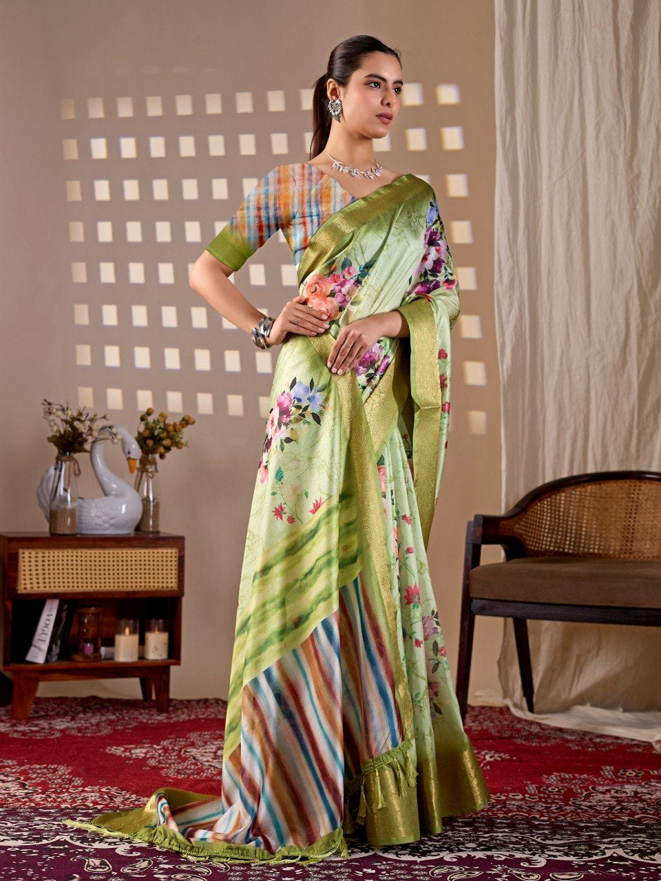Womenline Pastel Green Floral Printed Silk Saree with Gold Woven Border