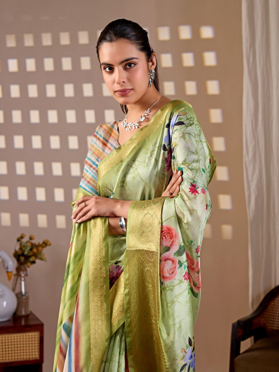 Womenline Pastel Green Floral Printed Silk Saree with Gold Woven Border