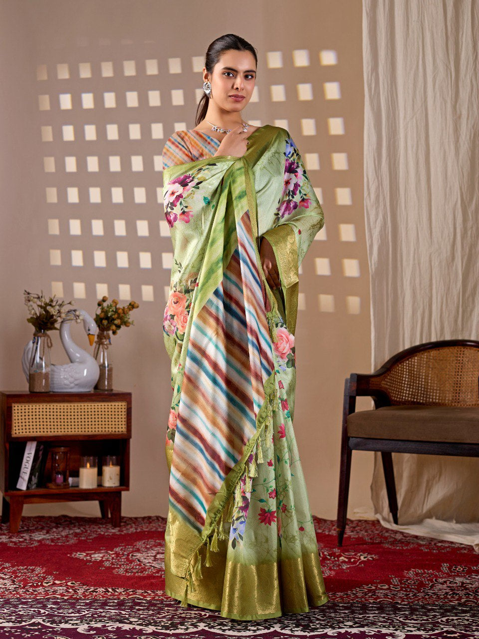 Womenline Pastel Green Floral Printed Silk Saree with Gold Woven Border