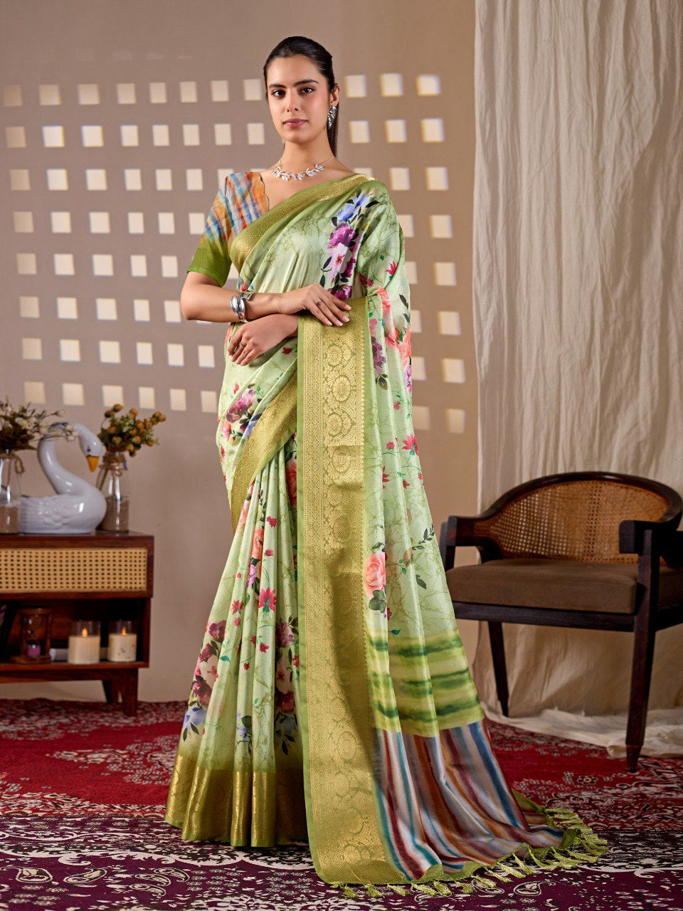 Womenline Pastel Green Floral Printed Silk Saree with Gold Woven Border