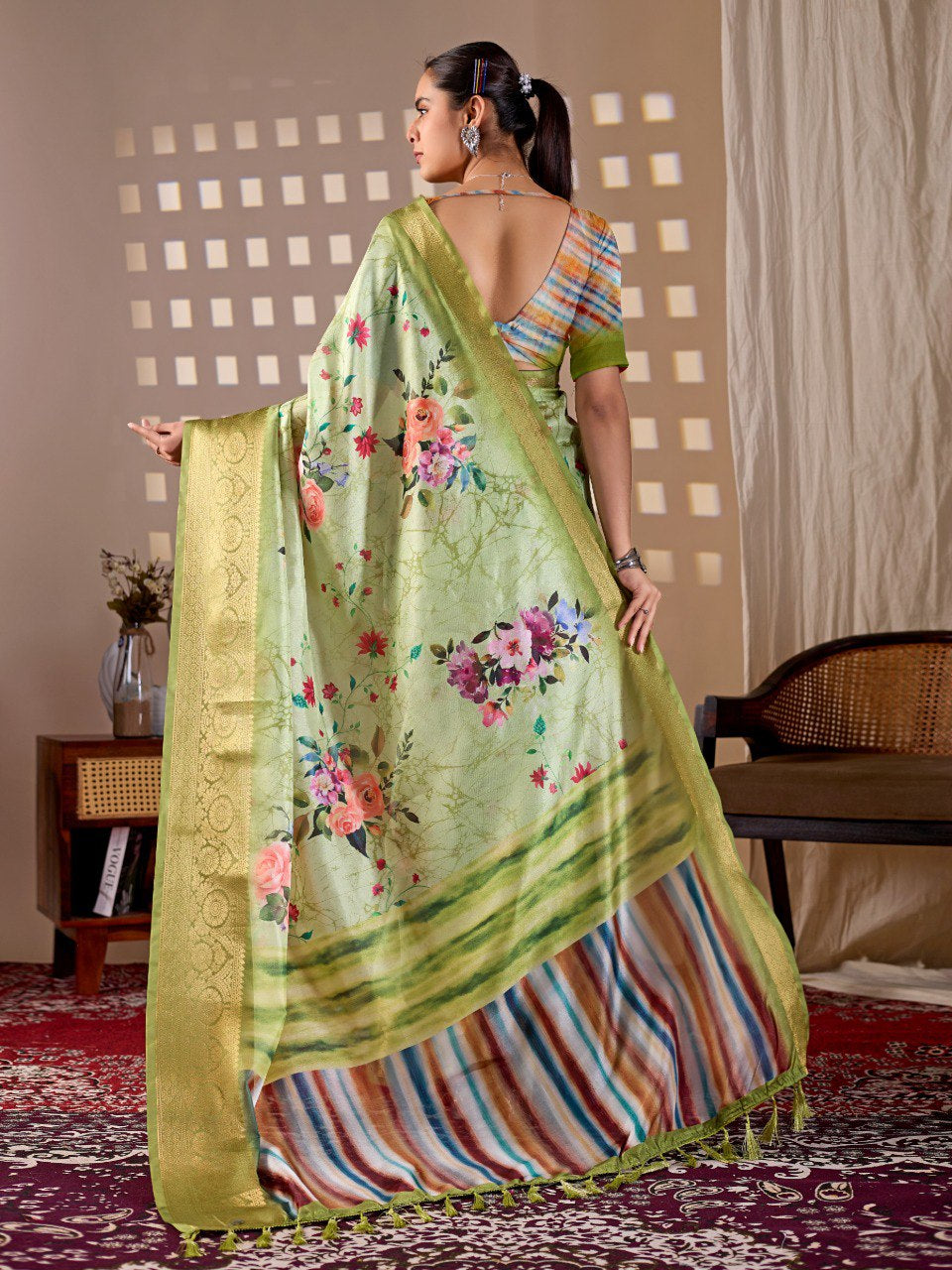 Womenline Pastel Green Floral Printed Silk Saree with Gold Woven Border