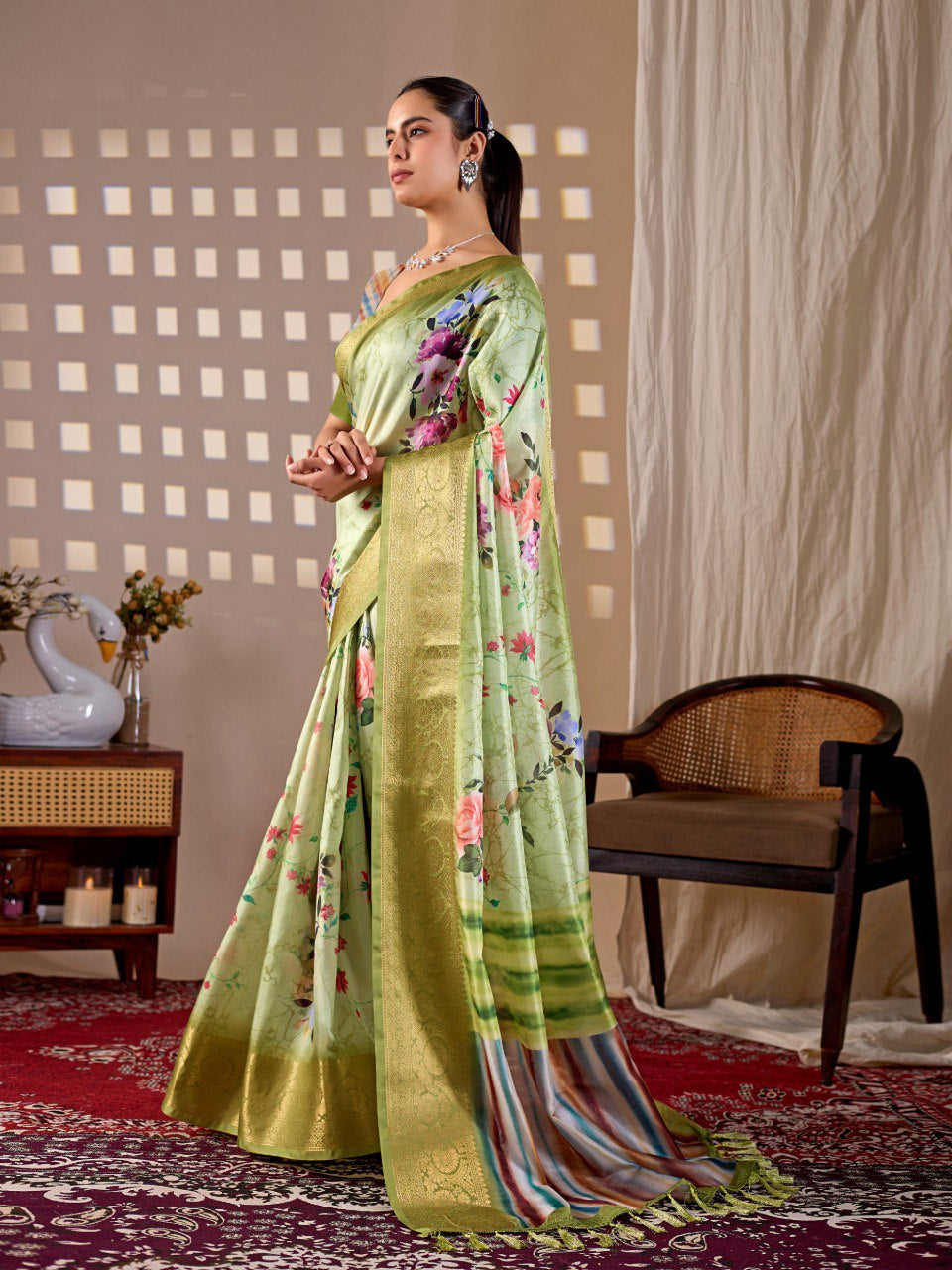 Womenline Pastel Green Floral Printed Silk Saree with Gold Woven Border