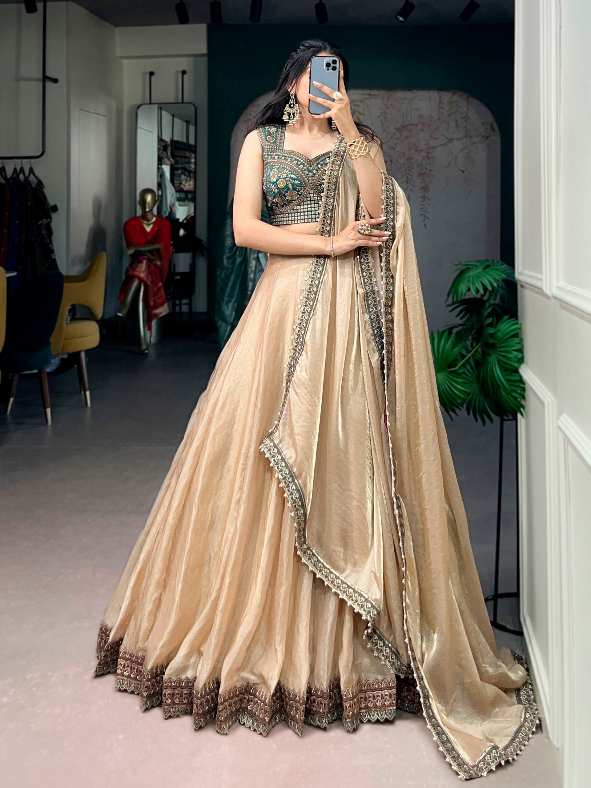 Womenline Champagne Gold Designer Lehenga with Embroidered Blouse & Dupatta