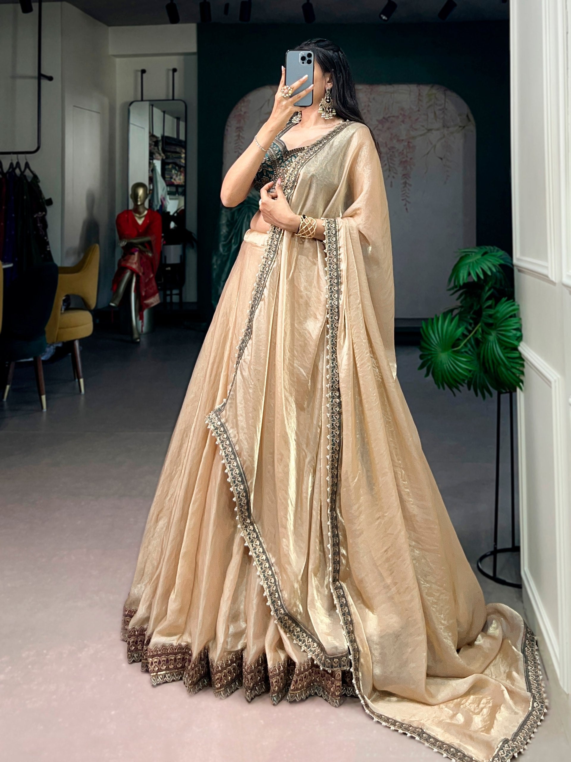 Womenline Champagne Gold Designer Lehenga with Embroidered Blouse & Dupatta