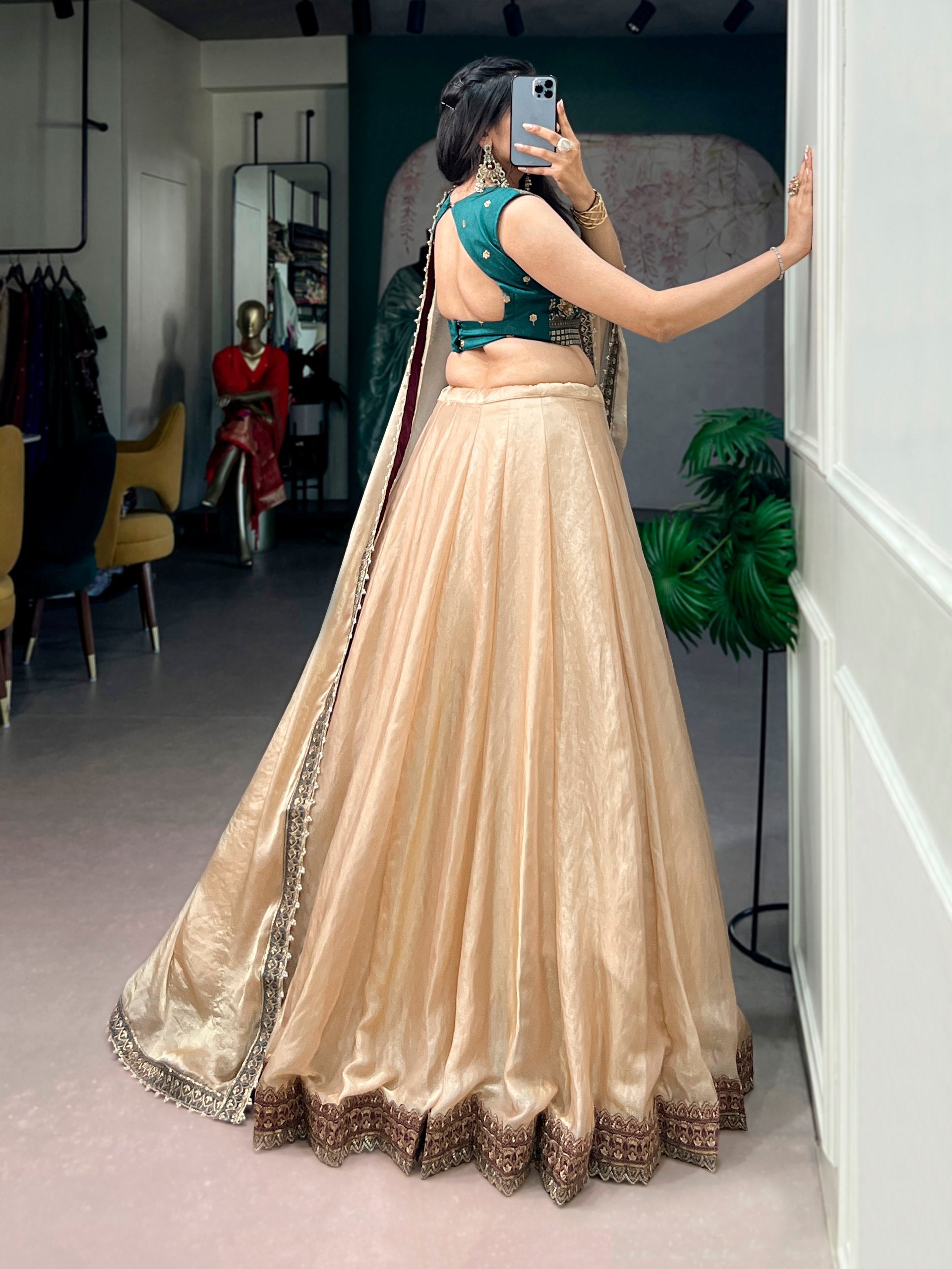 Womenline Champagne Gold Designer Lehenga with Embroidered Blouse & Dupatta
