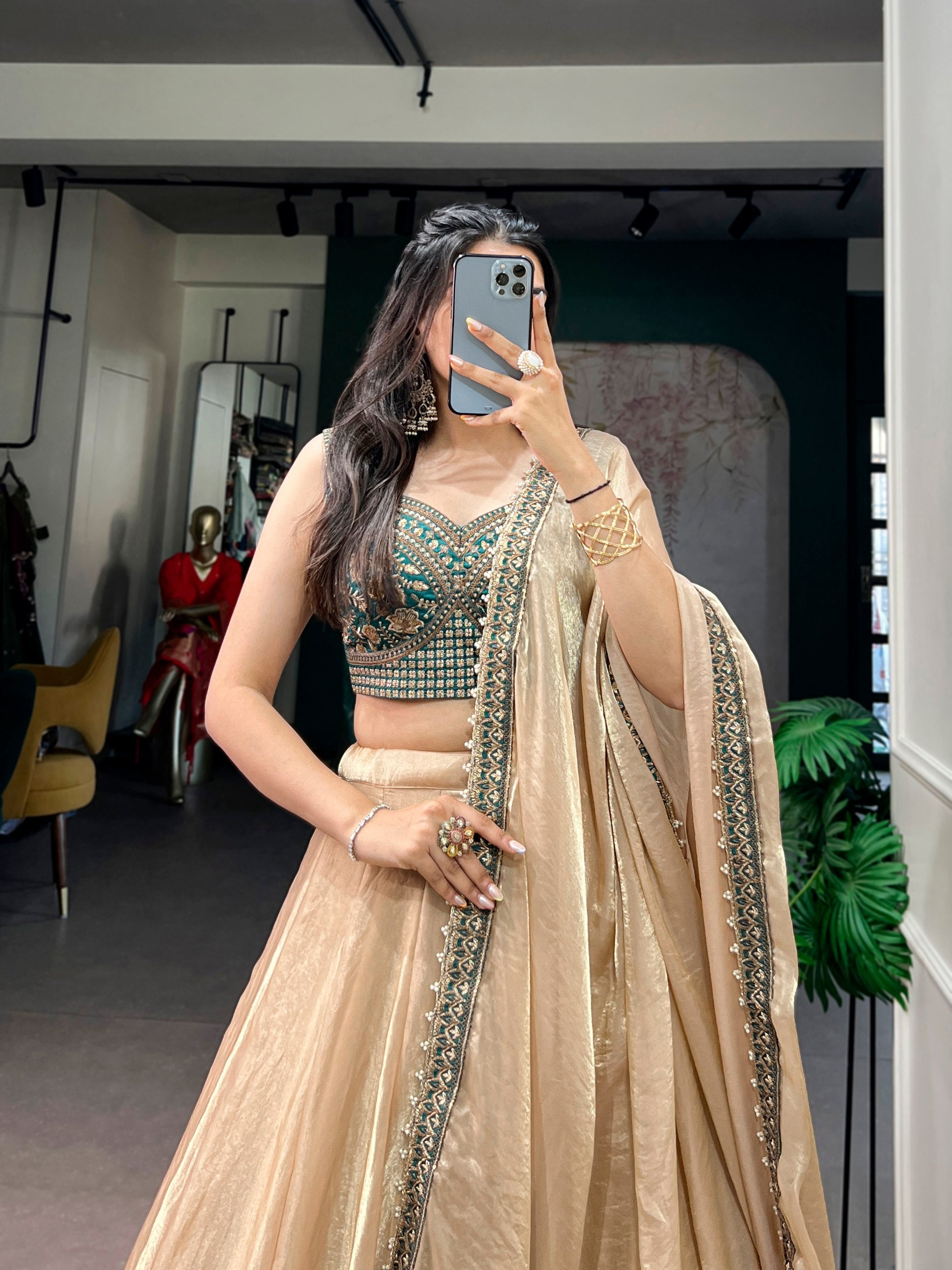 Womenline Champagne Gold Designer Lehenga with Embroidered Blouse & Dupatta