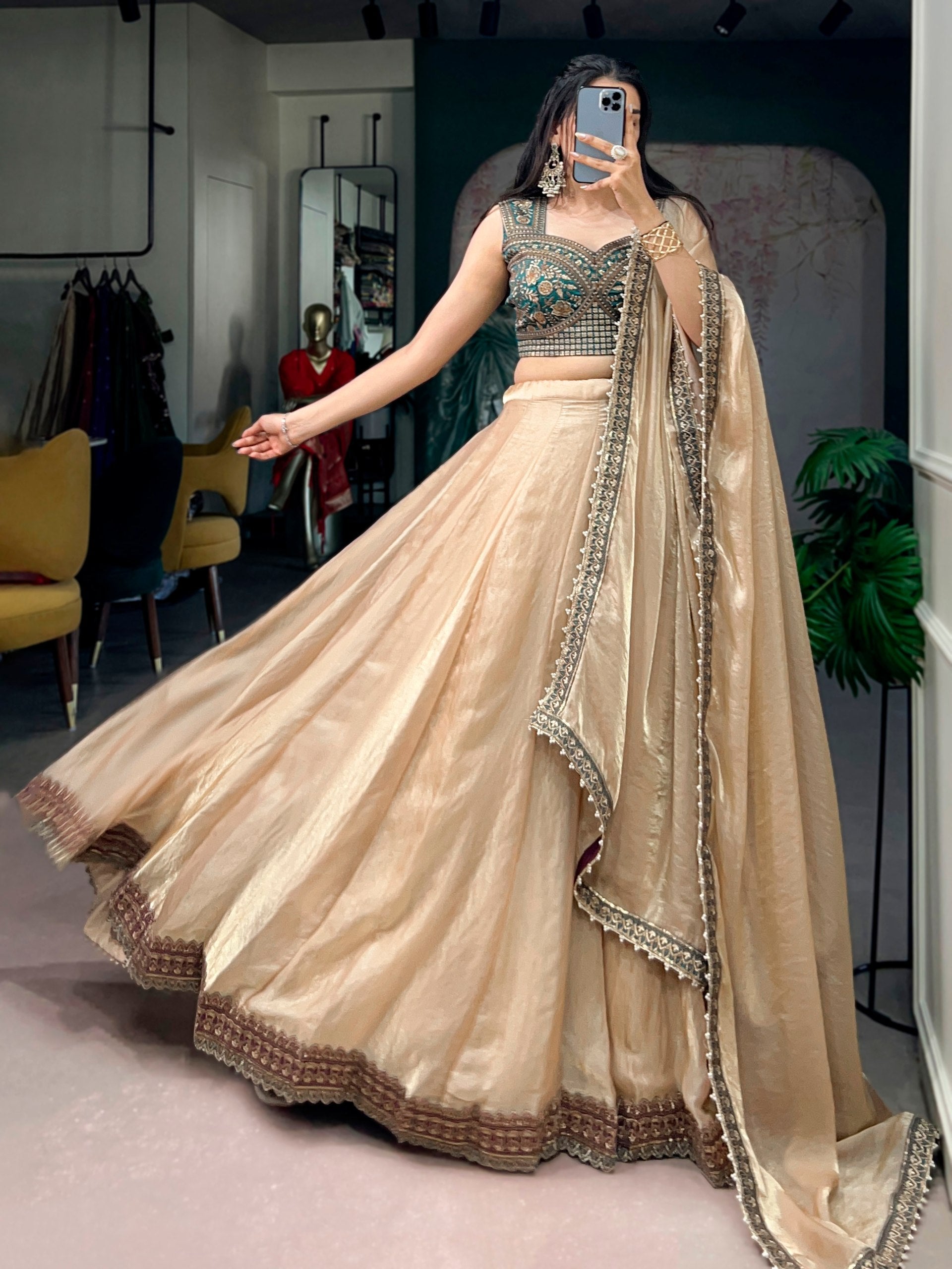 Womenline Champagne Gold Designer Lehenga with Embroidered Blouse & Dupatta