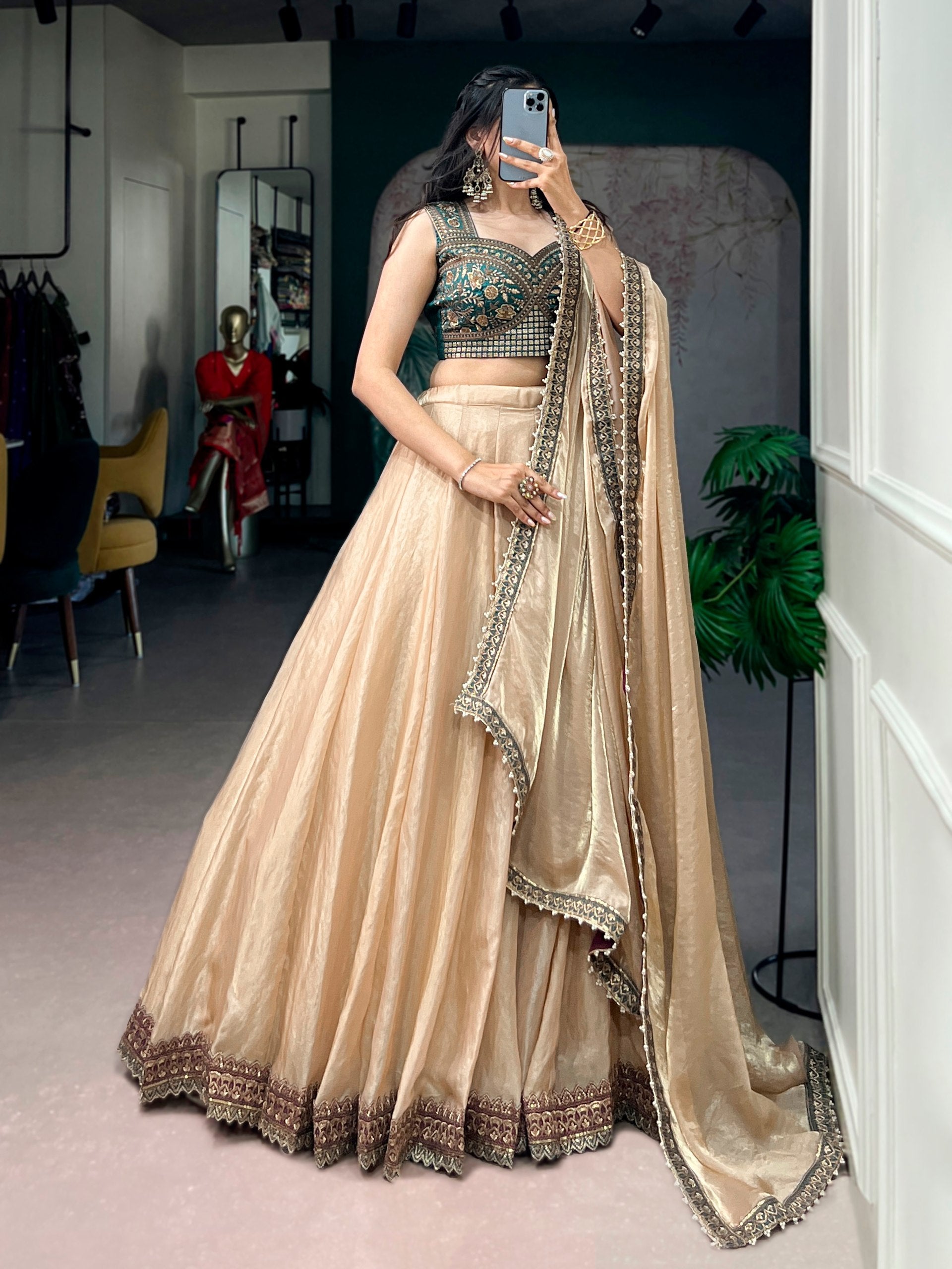 Womenline Champagne Gold Designer Lehenga with Embroidered Blouse & Dupatta