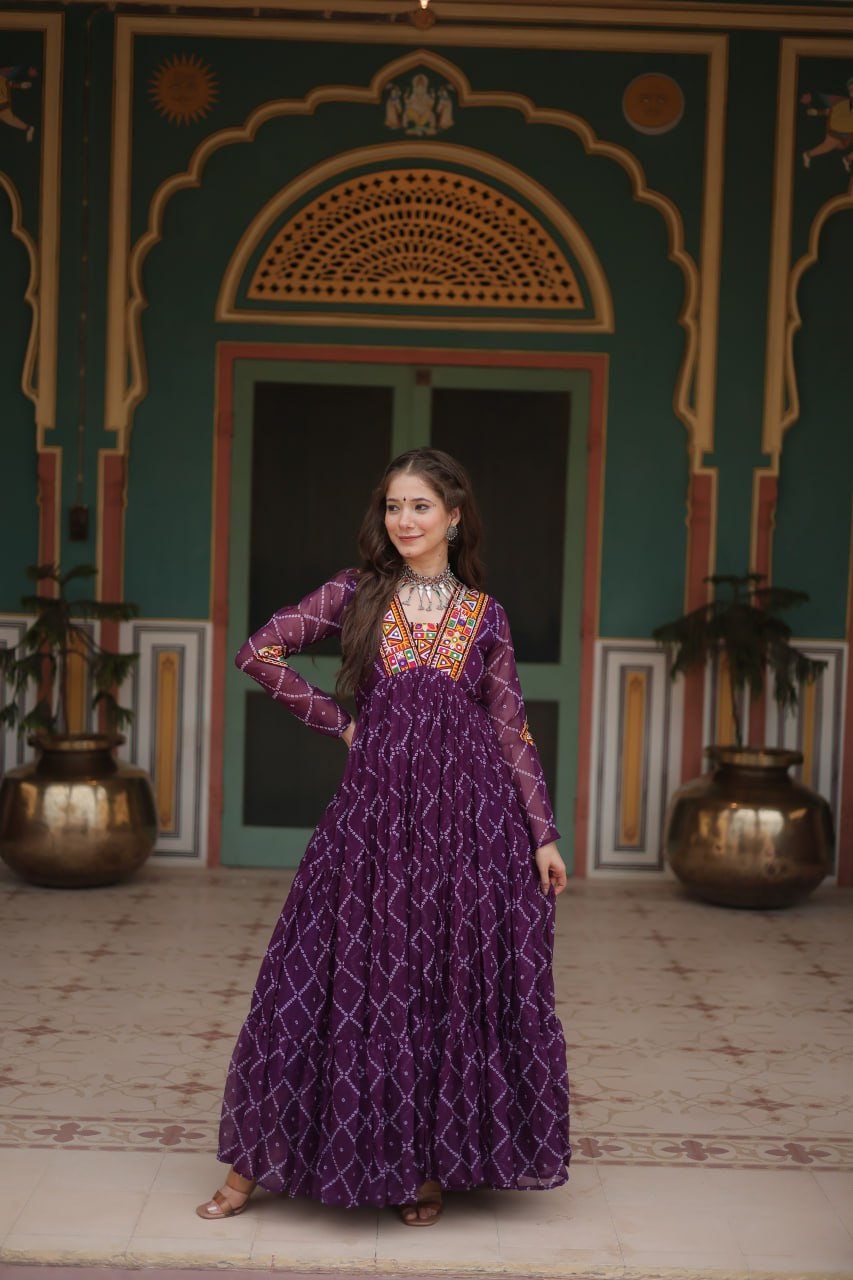 Womenline Dark Purple Color Georgette Bandhej Print Navratri Gown