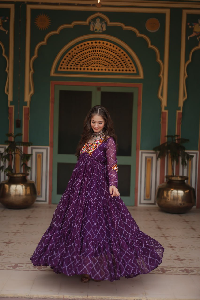 Womenline Dark Purple Color Georgette Bandhej Print Navratri Gown