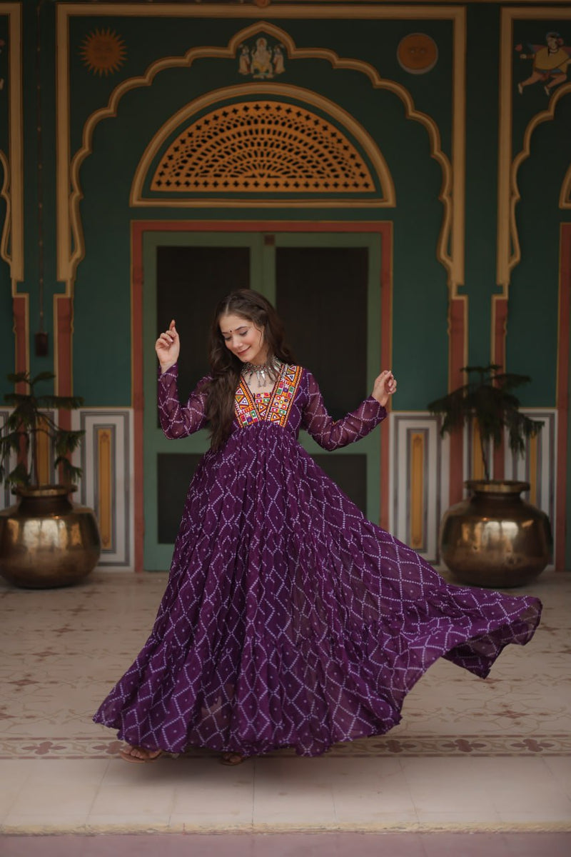 Womenline Dark Purple Color Georgette Bandhej Print Navratri Gown