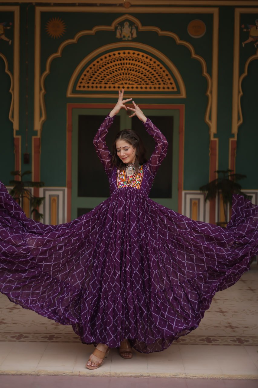 Womenline Dark Purple Color Georgette Bandhej Print Navratri Gown