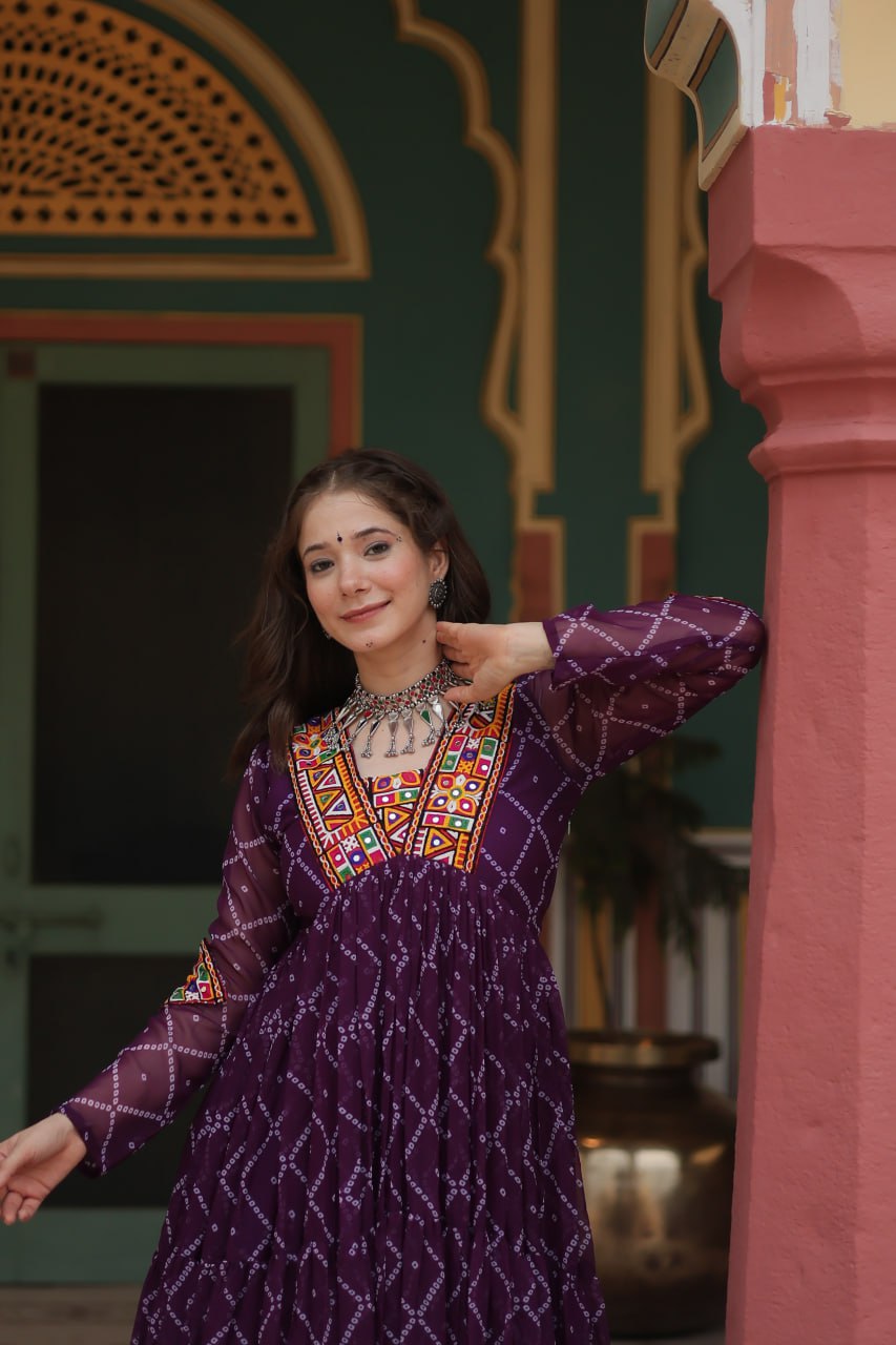 Womenline Dark Purple Color Georgette Bandhej Print Navratri Gown
