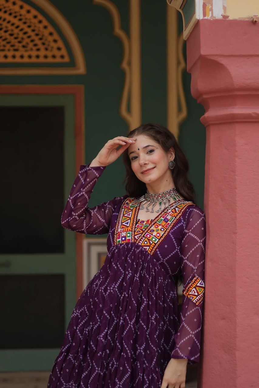 Womenline Dark Purple Color Georgette Bandhej Print Navratri Gown