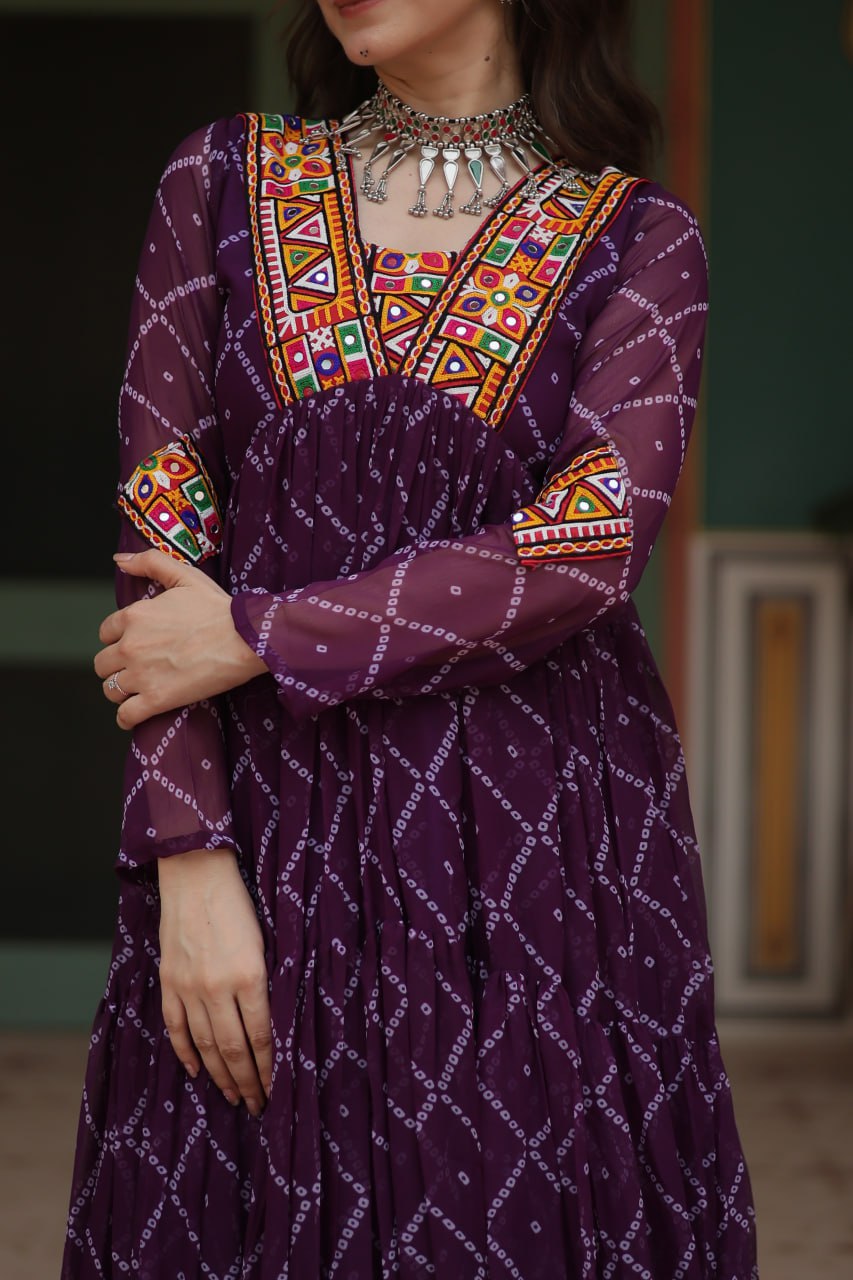 Womenline Dark Purple Color Georgette Bandhej Print Navratri Gown