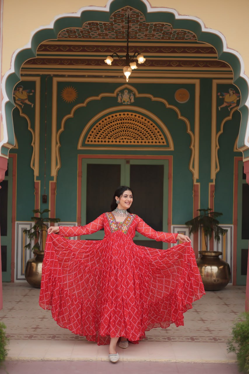 Womenline Orange Color Georgette Bandhej Print Navratri Gown