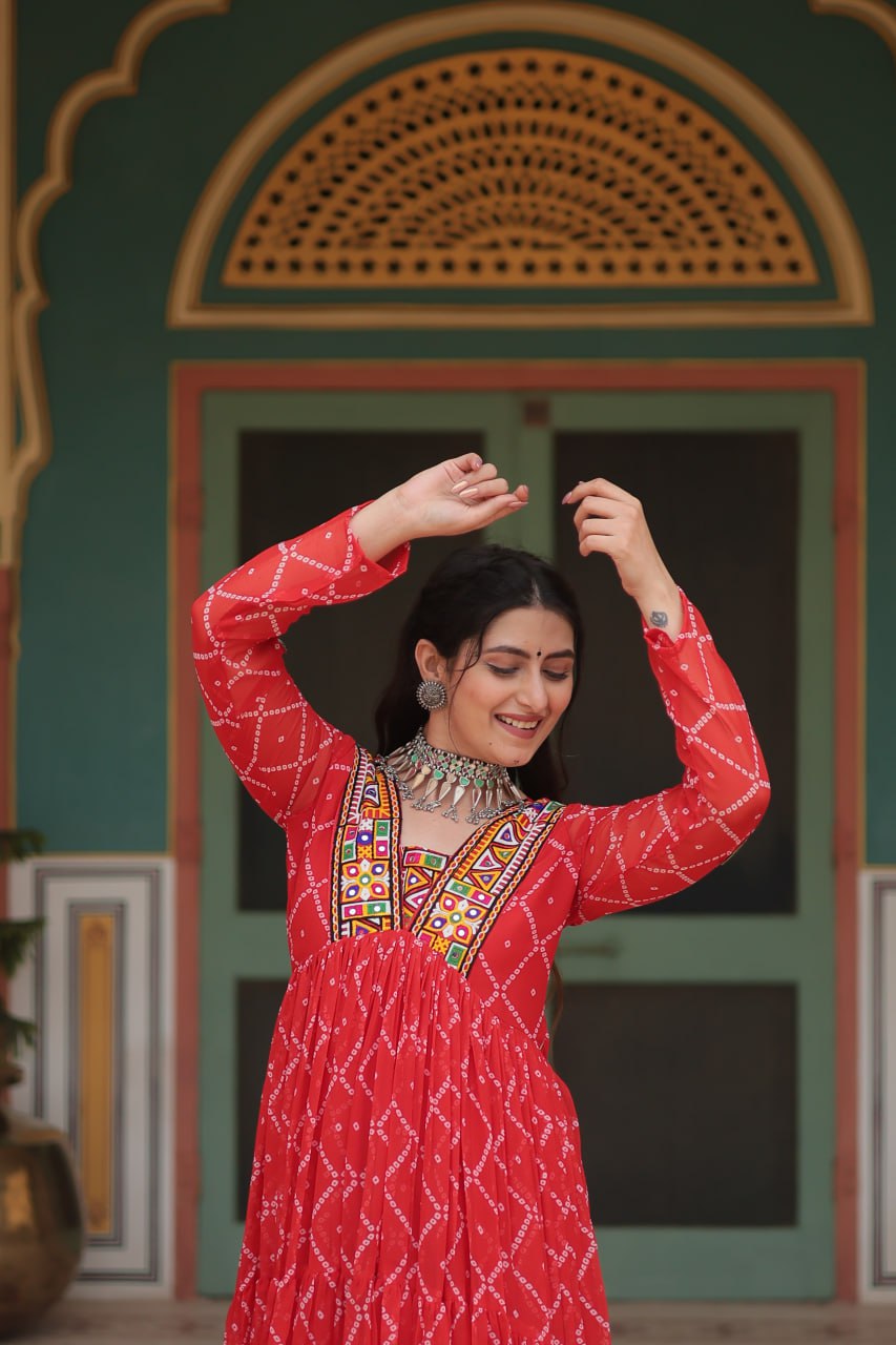 Womenline Orange Color Georgette Bandhej Print Navratri Gown