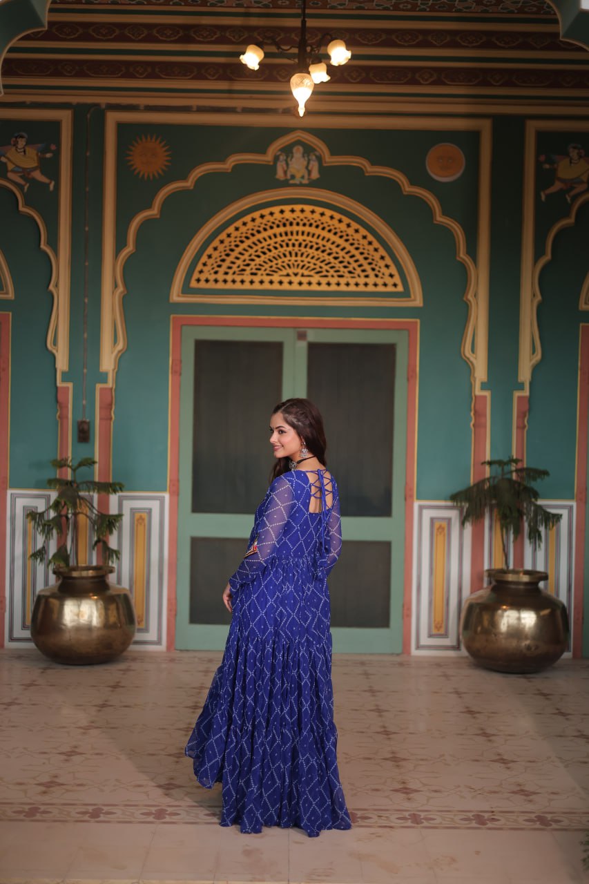 Womenline Blue Color Georgette Bandhej Print Navratri Gown