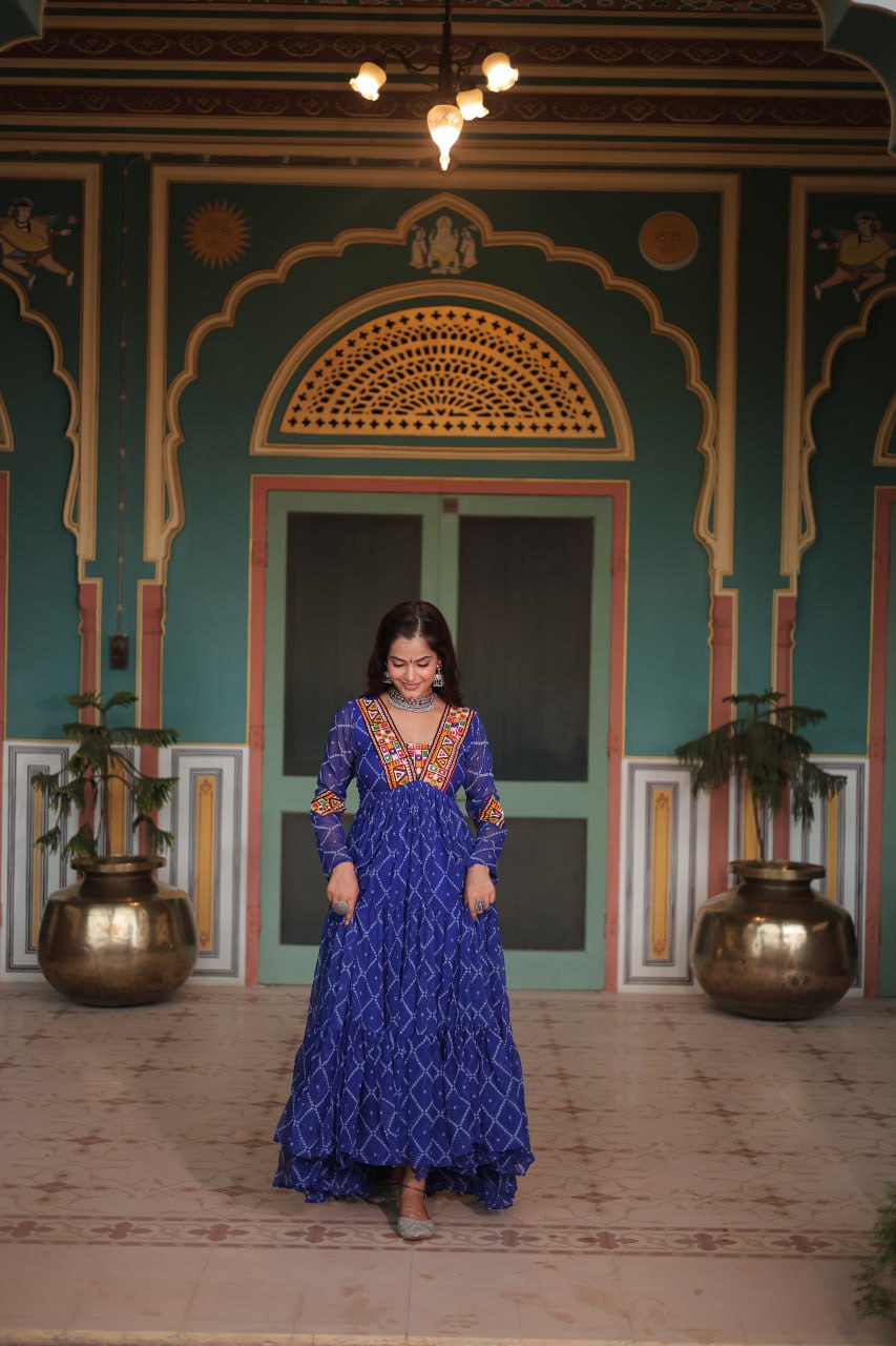 Womenline Blue Color Georgette Bandhej Print Navratri Gown