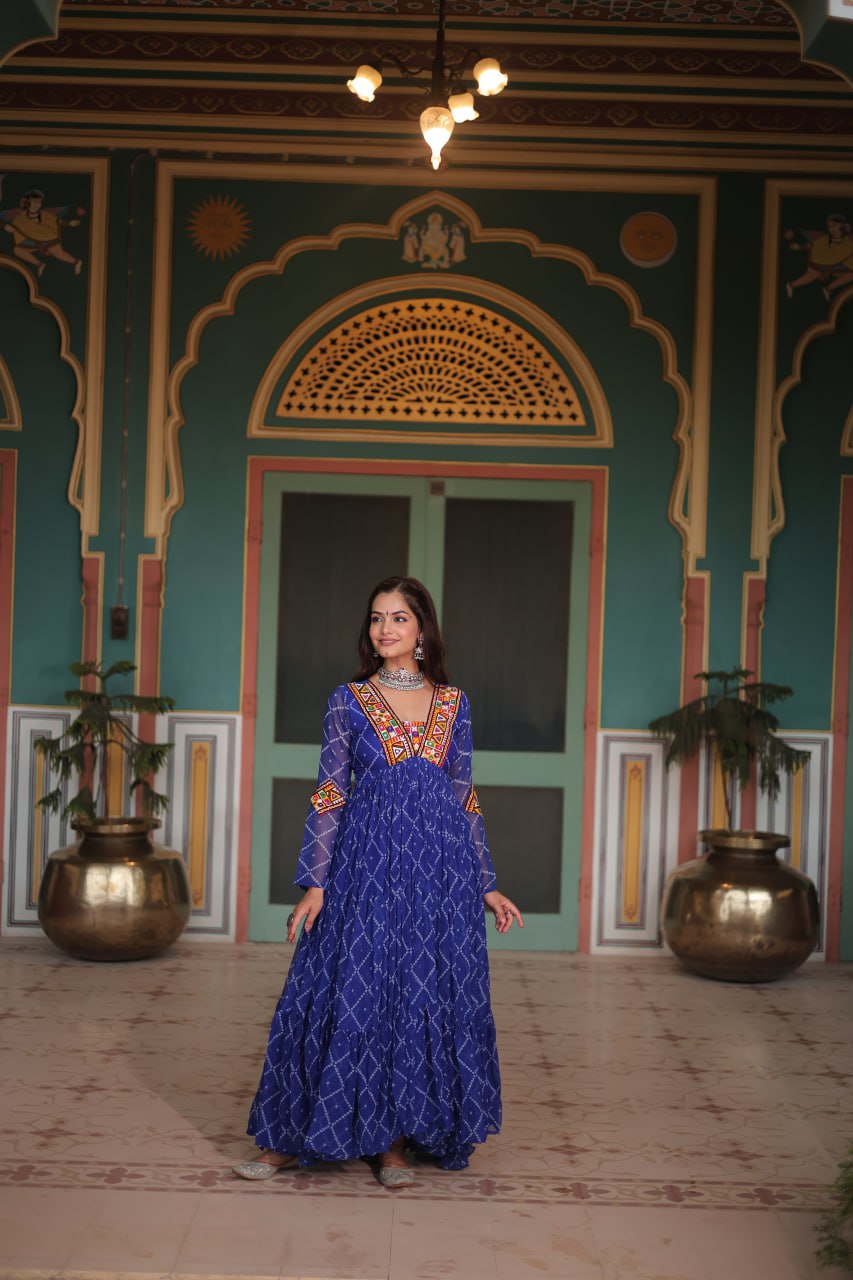 Womenline Blue Color Georgette Bandhej Print Navratri Gown