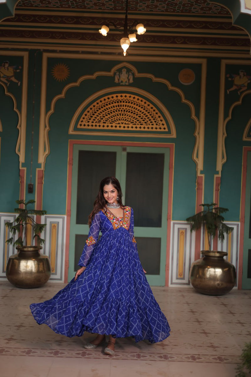 Womenline Blue Color Georgette Bandhej Print Navratri Gown