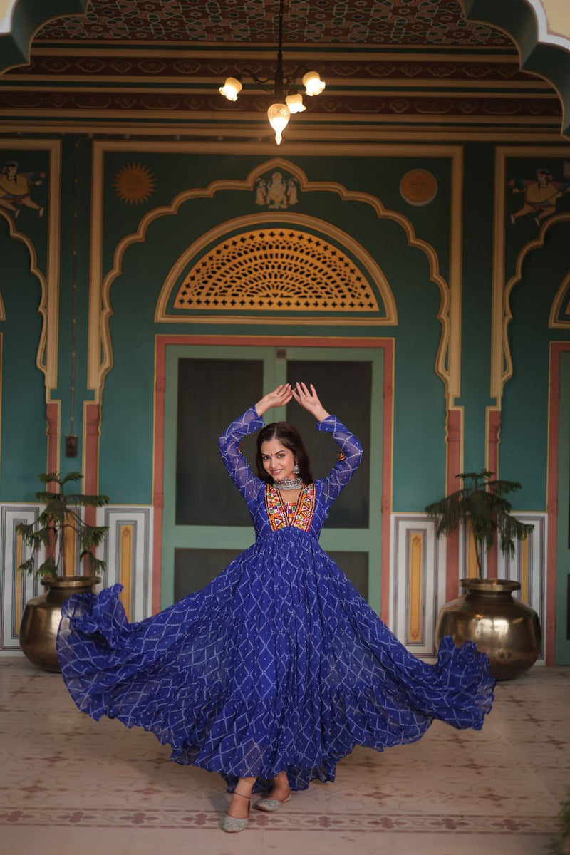 Womenline Blue Color Georgette Bandhej Print Navratri Gown