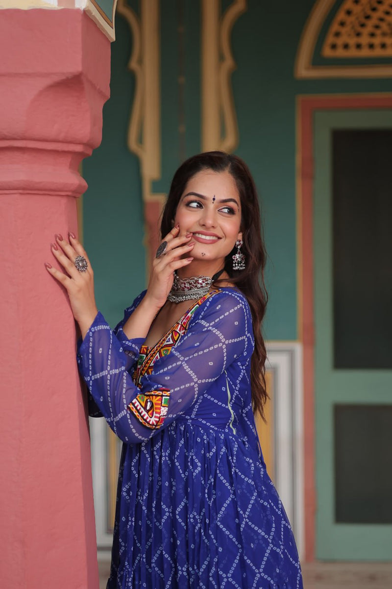 Womenline Blue Color Georgette Bandhej Print Navratri Gown