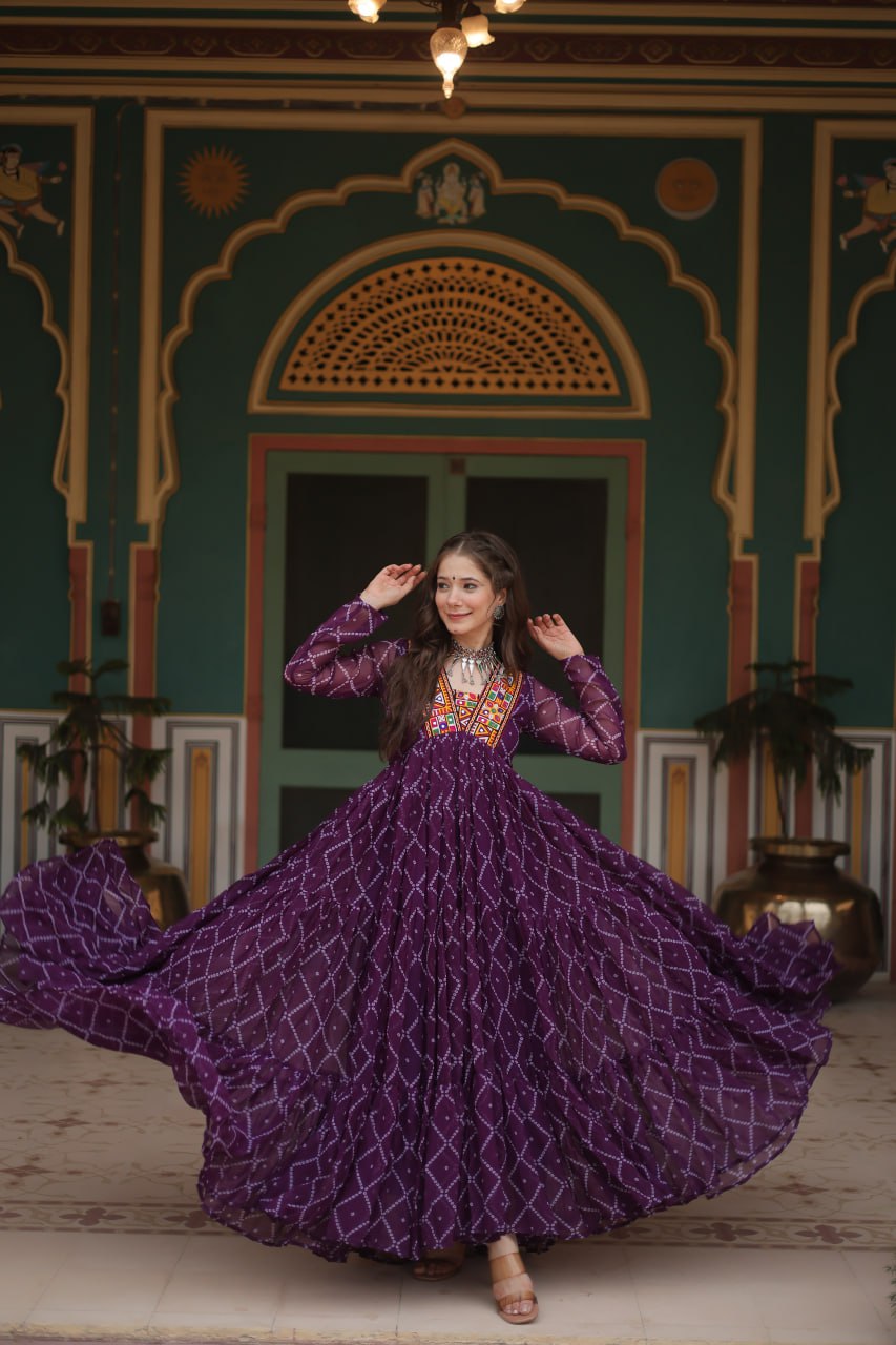 Womenline Dark Purple Color Georgette Bandhej Print Navratri Gown