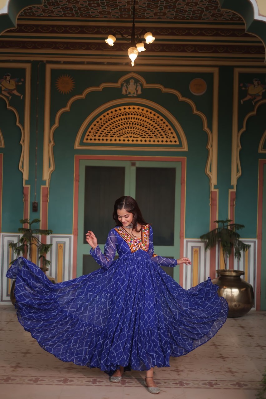 Womenline Blue Color Georgette Bandhej Print Navratri Gown