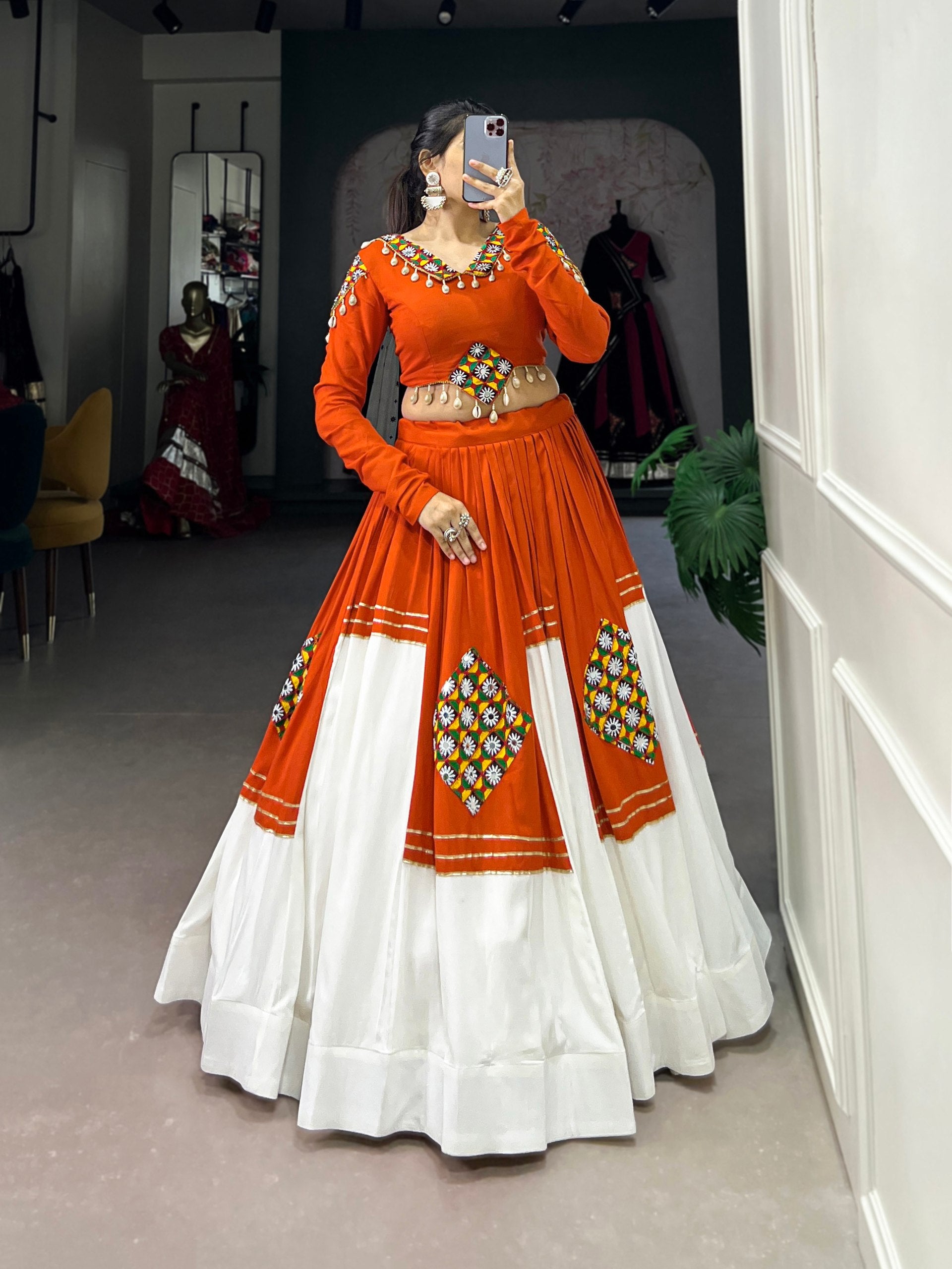 Womenline Kesari Rang Navratri Lehenga with Kutchi Mirror Work Choli