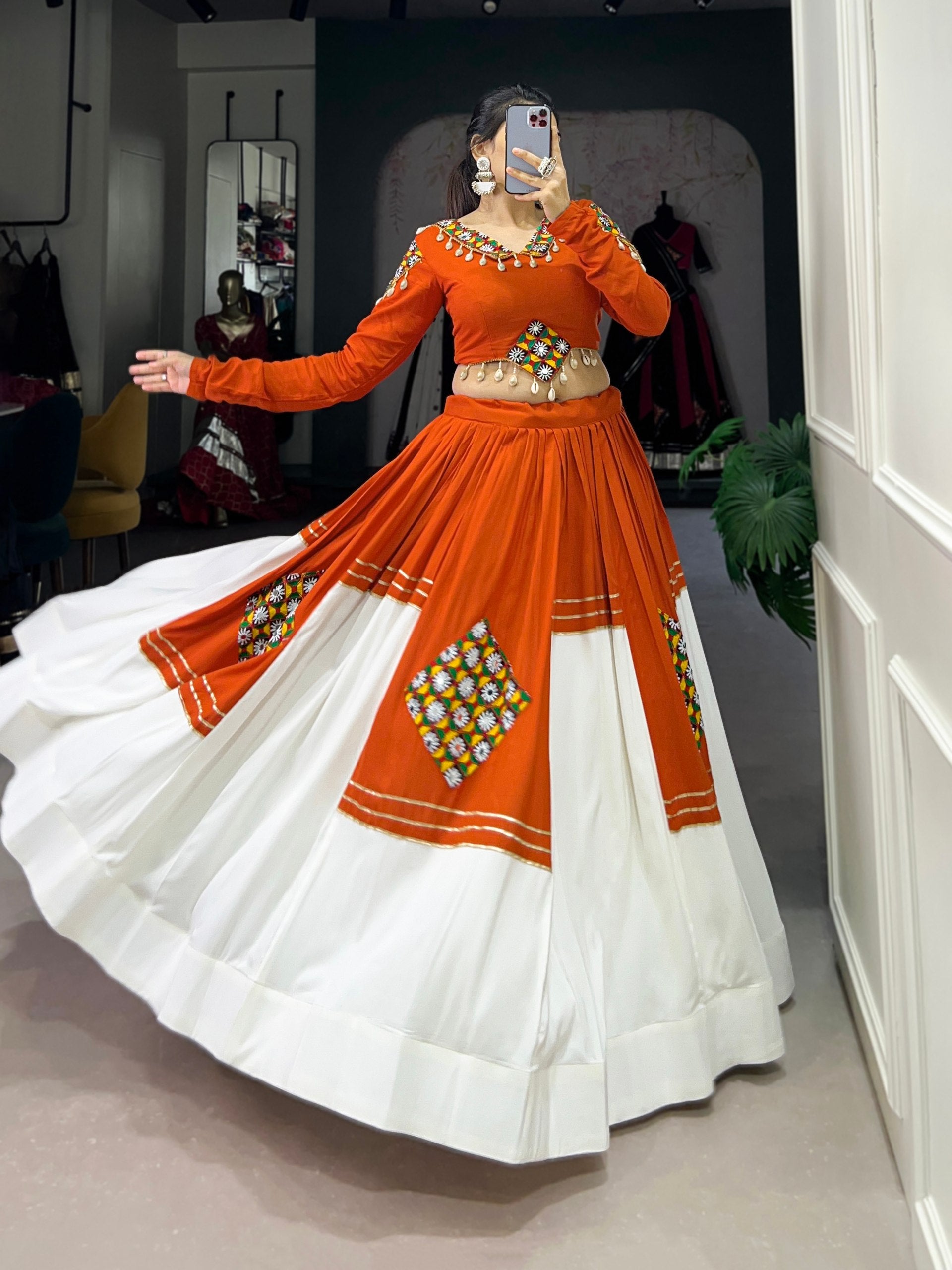Womenline Kesari Rang Navratri Lehenga with Kutchi Mirror Work Choli