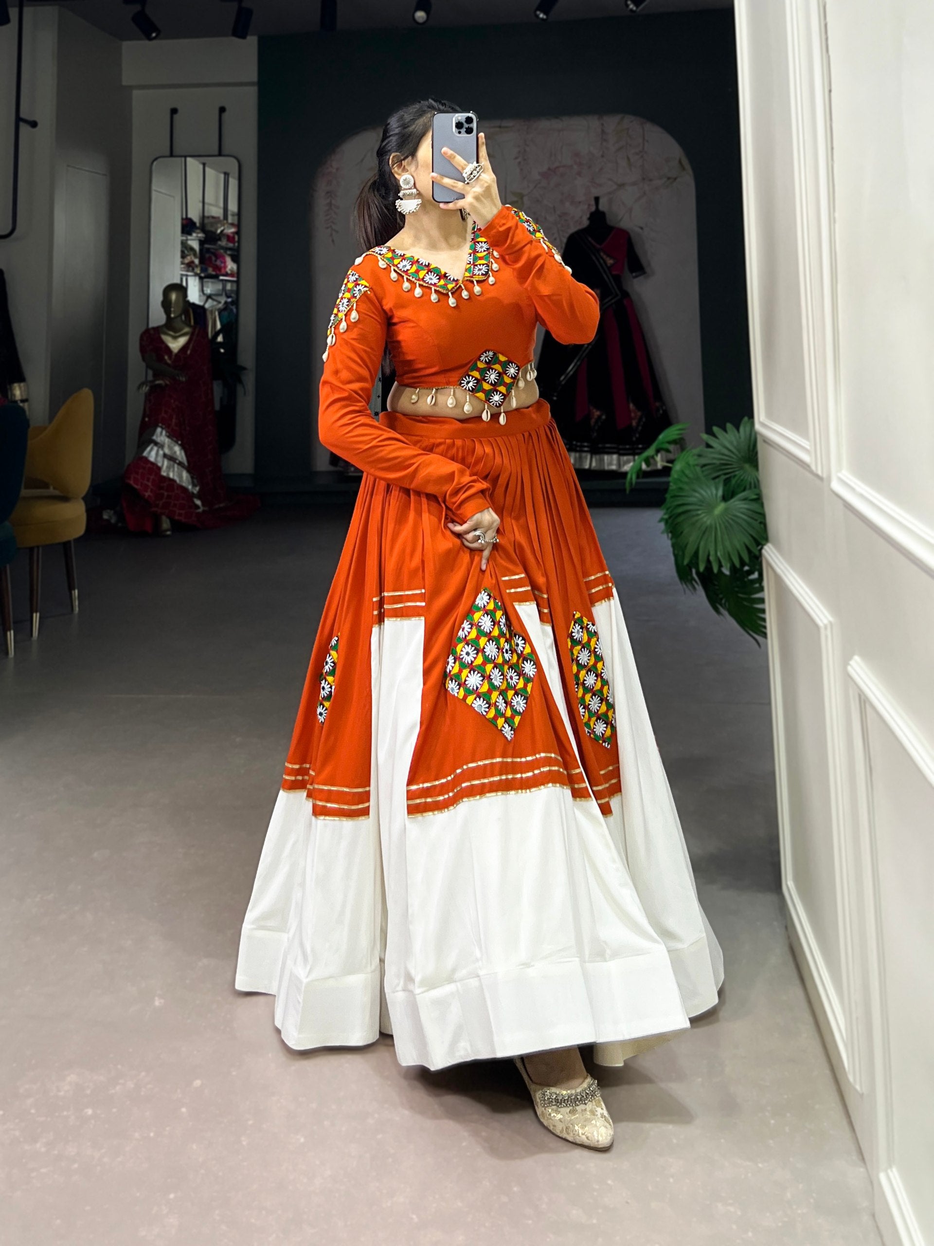 Womenline Kesari Rang Navratri Lehenga with Kutchi Mirror Work Choli