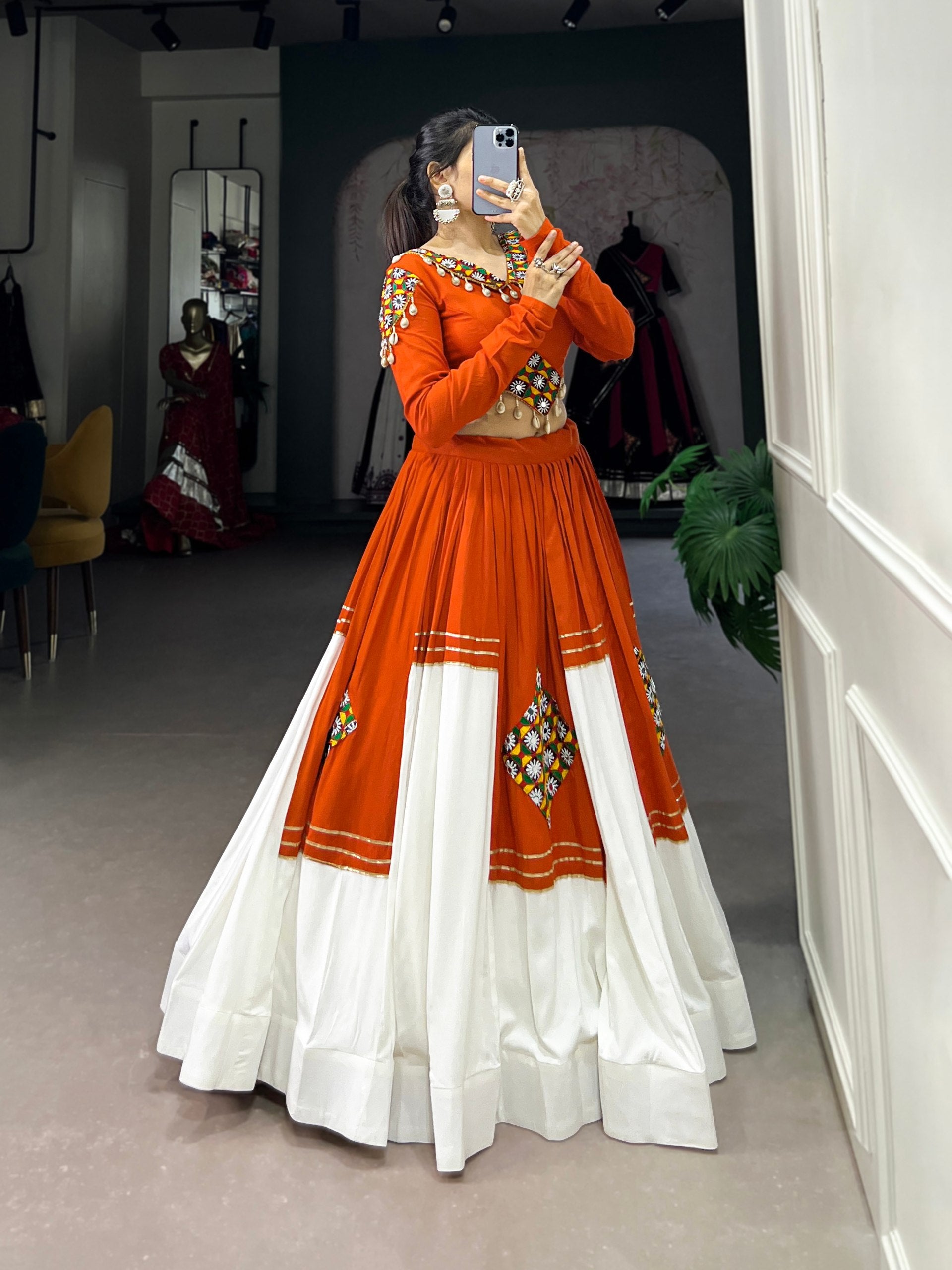 Womenline Kesari Rang Navratri Lehenga with Kutchi Mirror Work Choli