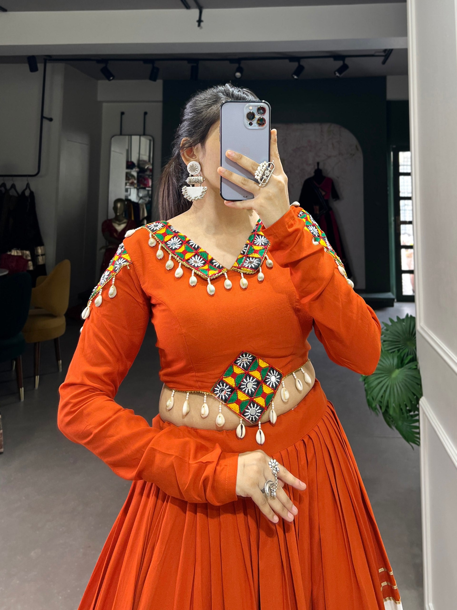 Womenline Kesari Rang Navratri Lehenga with Kutchi Mirror Work Choli