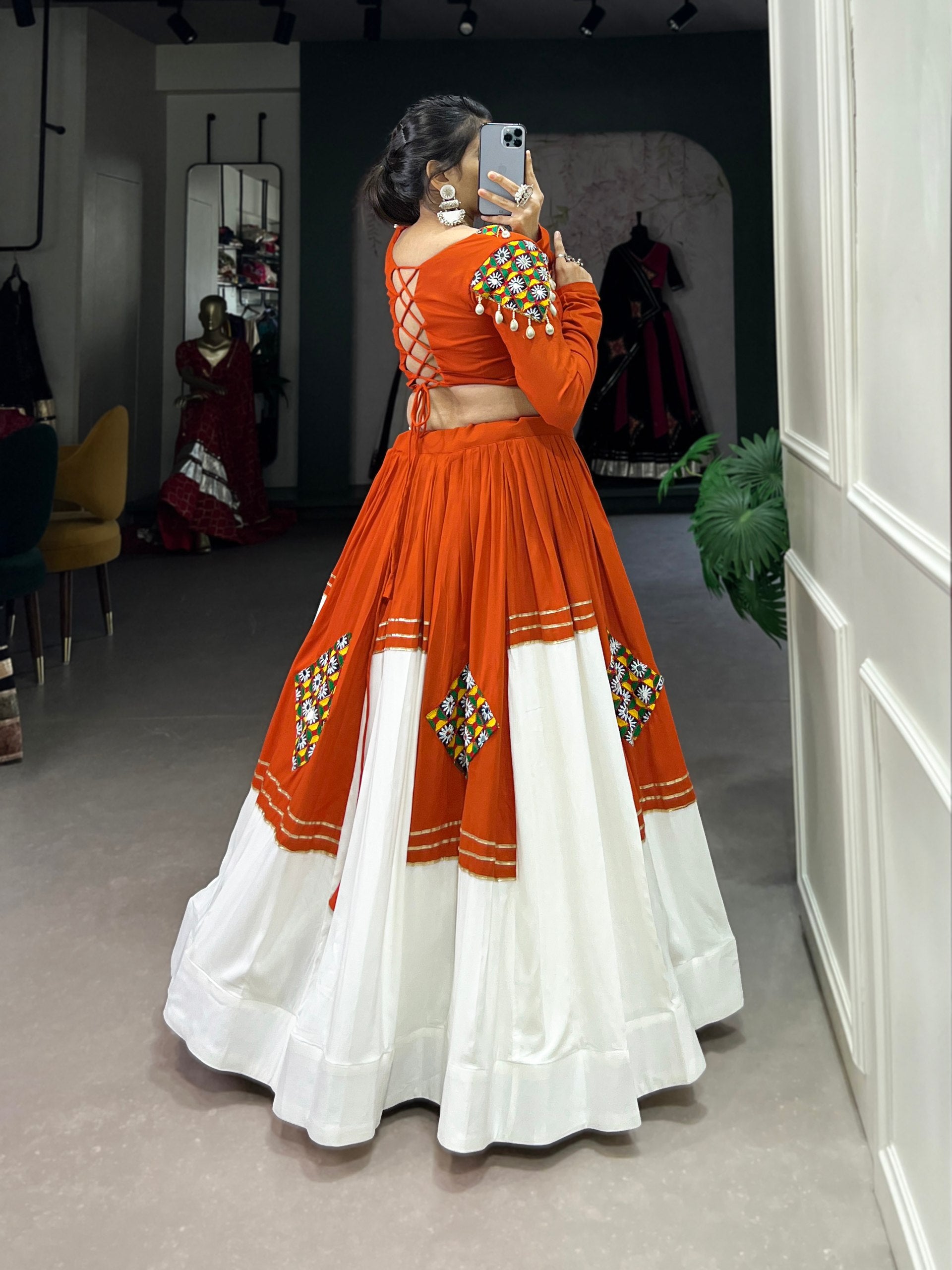 Womenline Kesari Rang Navratri Lehenga with Kutchi Mirror Work Choli