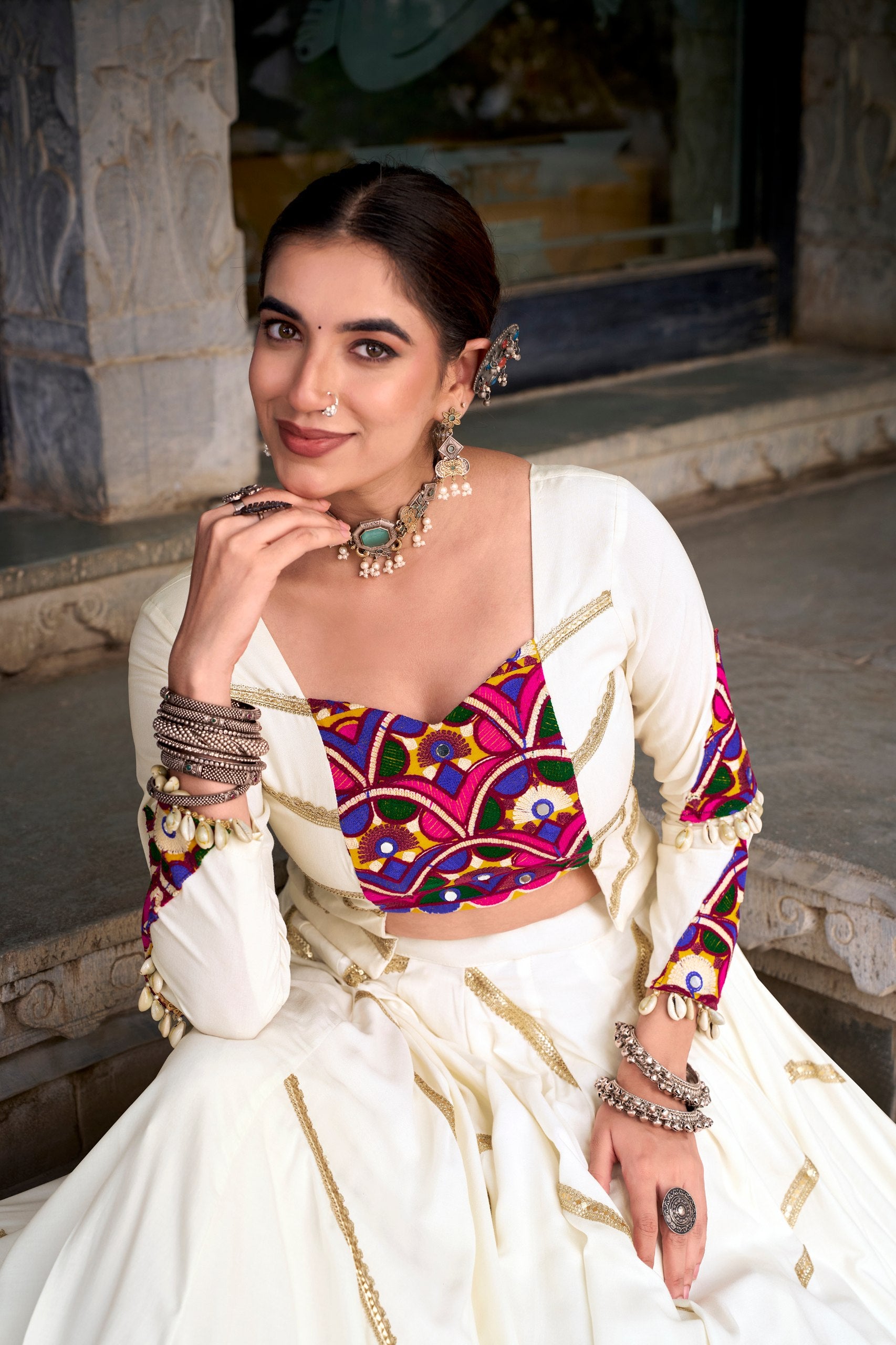 Womenline Ivory White Navratri Lehenga Choli Set with Multicolor Kutchi Work Blouse