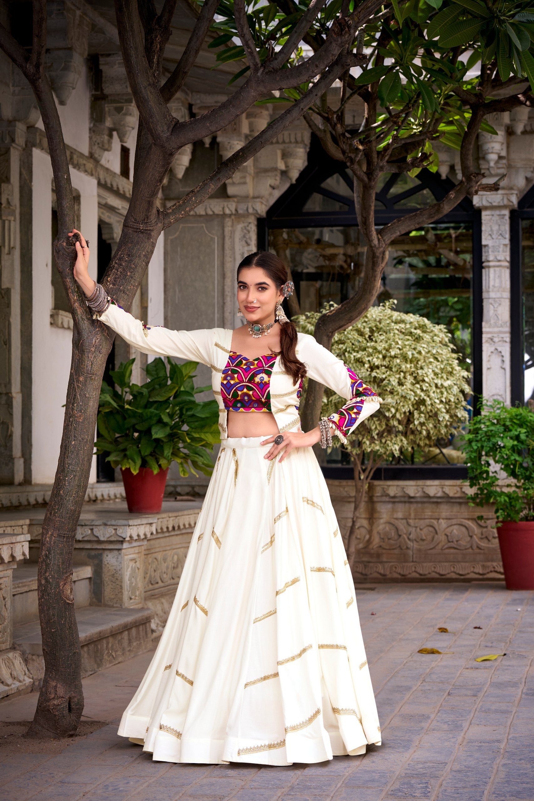 Womenline Ivory White Navratri Lehenga Choli Set with Multicolor Kutchi Work Blouse