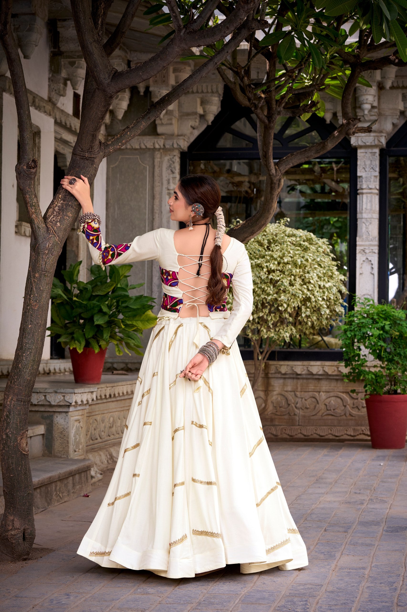 Womenline Ivory White Navratri Lehenga Choli Set with Multicolor Kutchi Work Blouse
